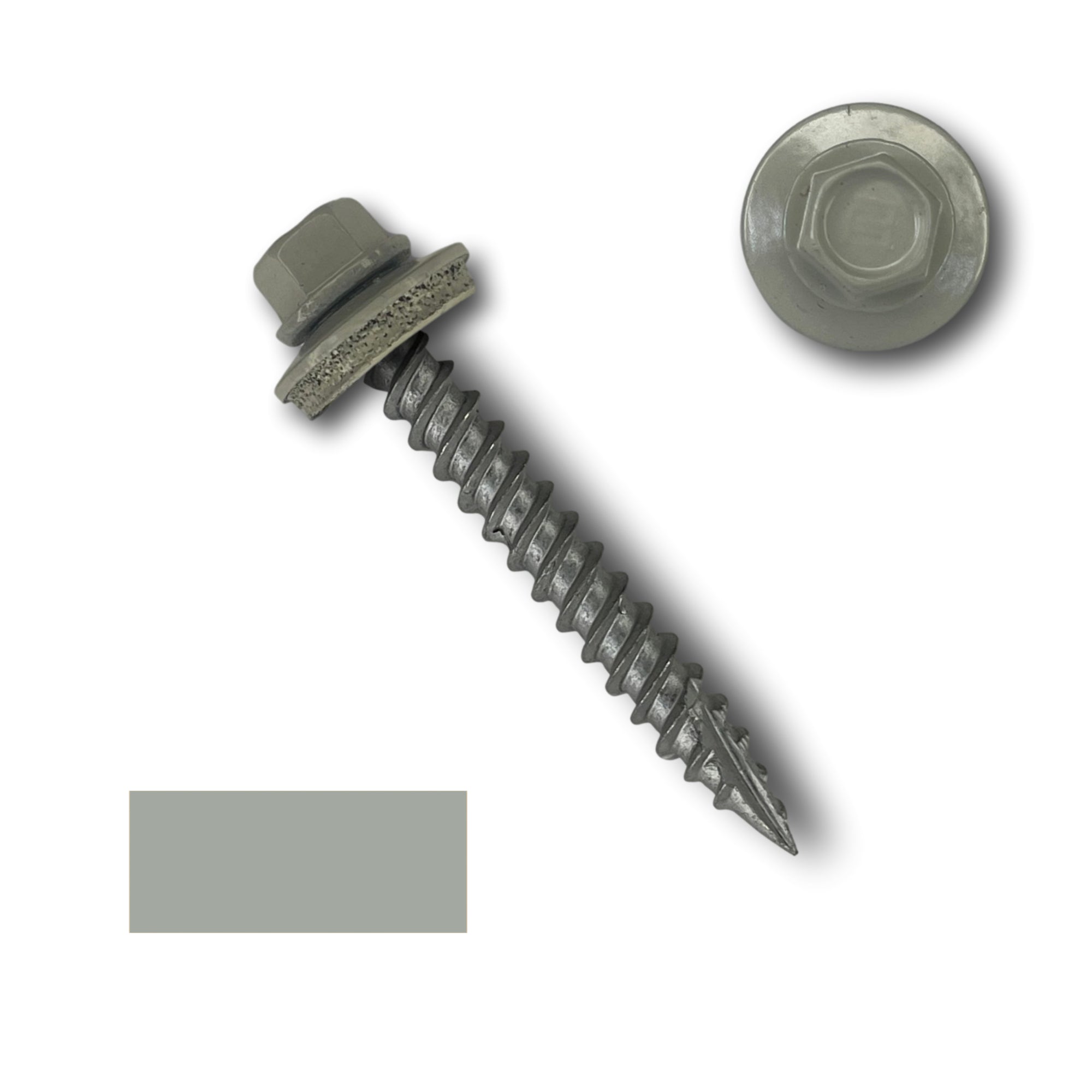 A number 10 Diameter Metal Roofing Screw that is 1.5 inch long with a 1/4 inch Hex Head and an EPDM Rubber Washer. The screw features a Type 17 sharp tip for drilling into wood decking. There is a color swatch of the screw head in the bottom left corner and a close-up of the screw head in the top right corner. The screw head is Ash Gray in color.