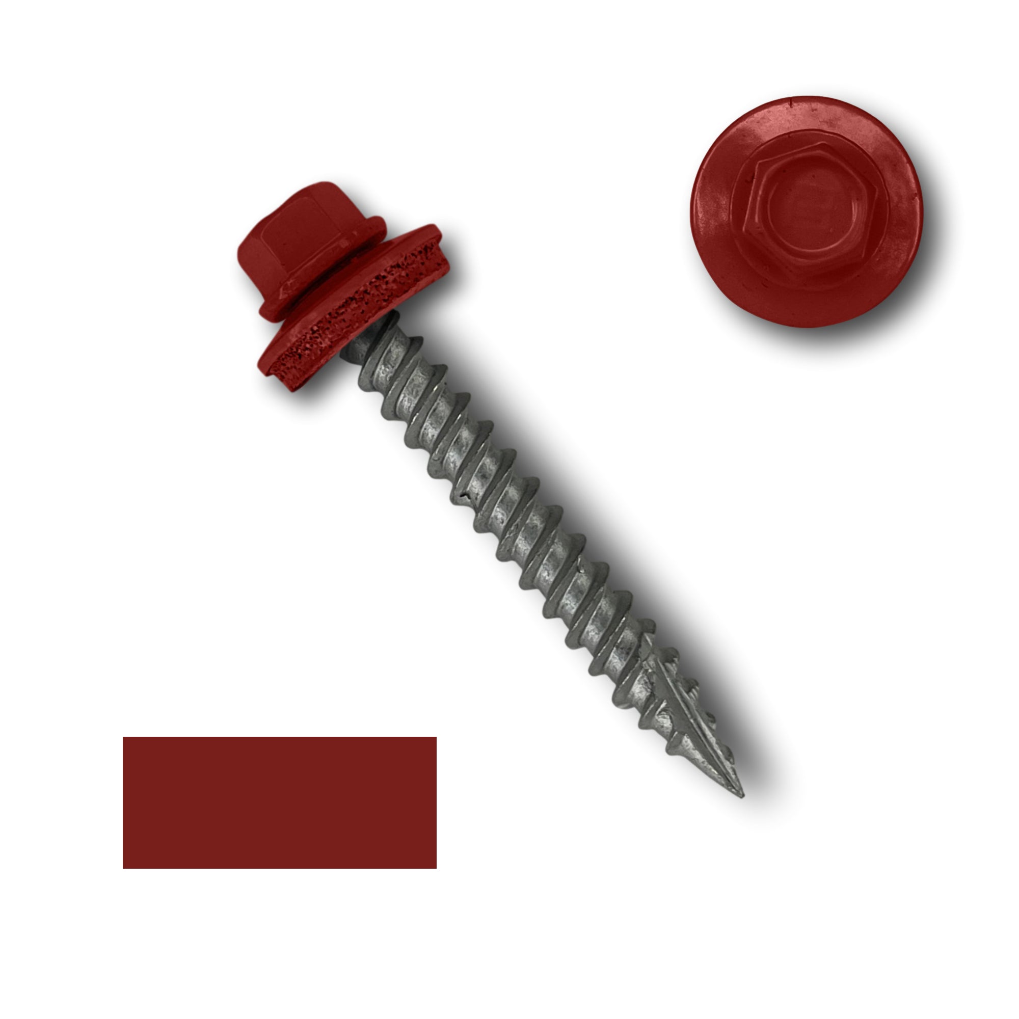 A number 10 Diameter Metal Roofing Screw that is 1.5 inch long with a 1/4 inch Hex Head and an EPDM Rubber Washer. The screw features a Type 17 sharp tip for drilling into wood decking. There is a color swatch of the screw head in the bottom left corner and a close-up of the screw head in the top right corner. The screw head is Barn Red in color.