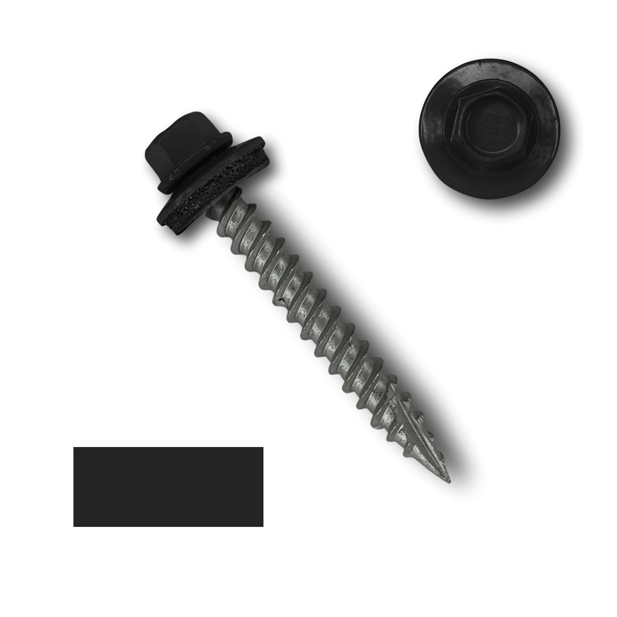 A number 10 Diameter Metal Roofing Screw that is 1.5 inch long with a 1/4 inch Hex Head and an EPDM Rubber Washer. The screw features a Type 17 sharp tip for drilling into wood decking. There is a color swatch of the screw head in the bottom left corner and a close-up of the screw head in the top right corner. The screw head is Black in color.