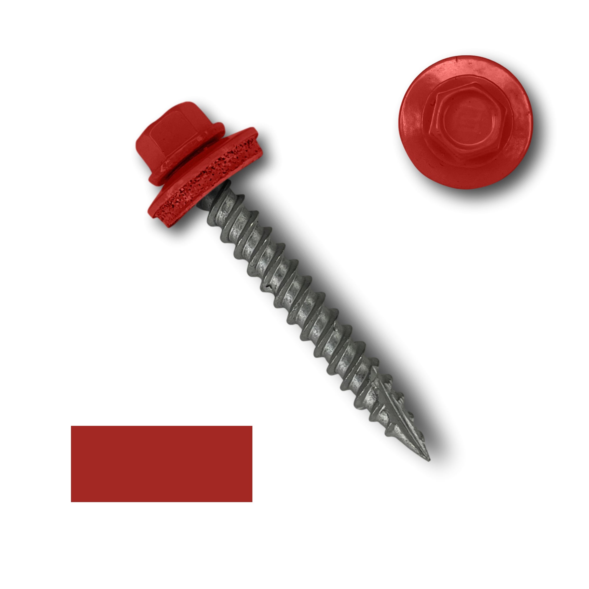 A number 10 Diameter Metal Roofing Screw that is 1.5 inch long with a 1/4 inch Hex Head and an EPDM Rubber Washer. The screw features a Type 17 sharp tip for drilling into wood decking. There is a color swatch of the screw head in the bottom left corner and a close-up of the screw head in the top right corner. The screw head is Bright Red in color.