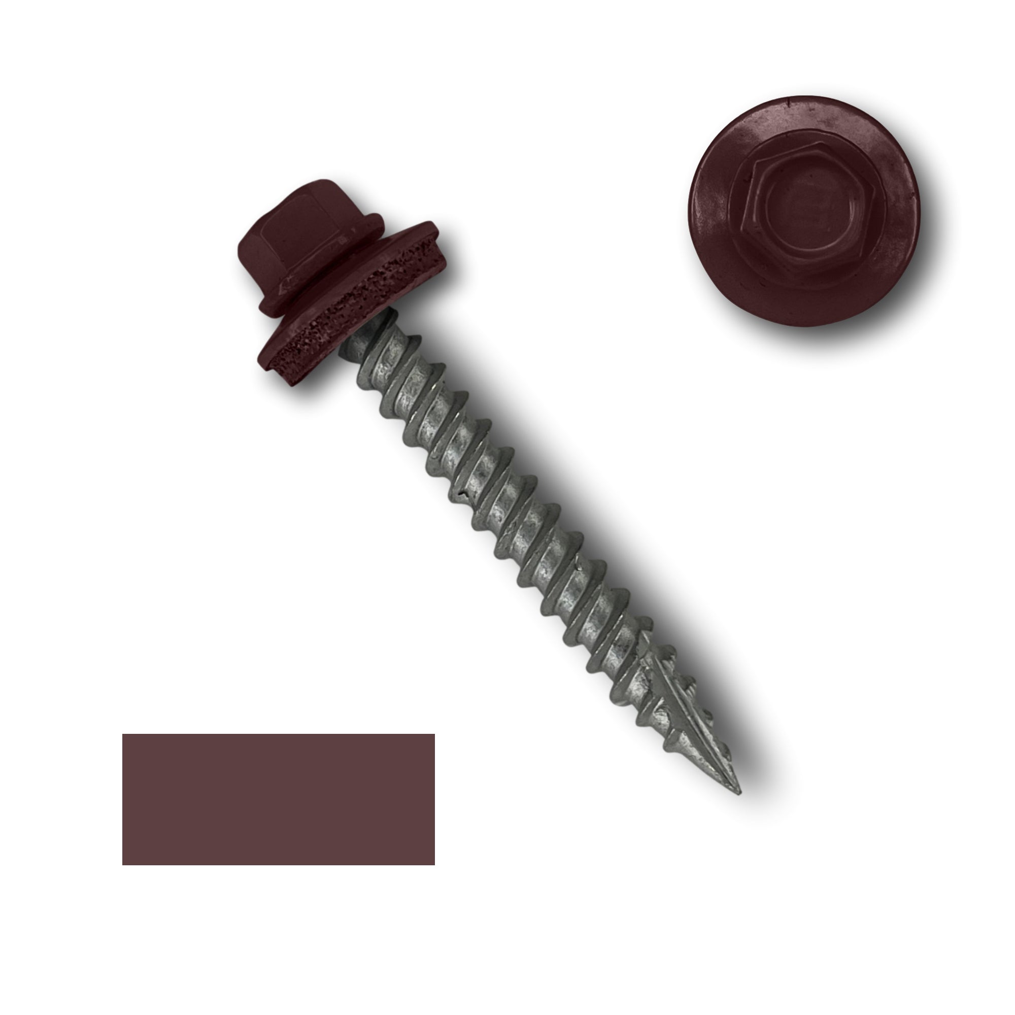 A number 10 Diameter Metal Roofing Screw that is 1.5 inch long with a 1/4 inch Hex Head and an EPDM Rubber Washer. The screw features a Type 17 sharp tip for drilling into wood decking. There is a color swatch of the screw head in the bottom left corner and a close-up of the screw head in the top right corner. The screw head is Burgundy in color.