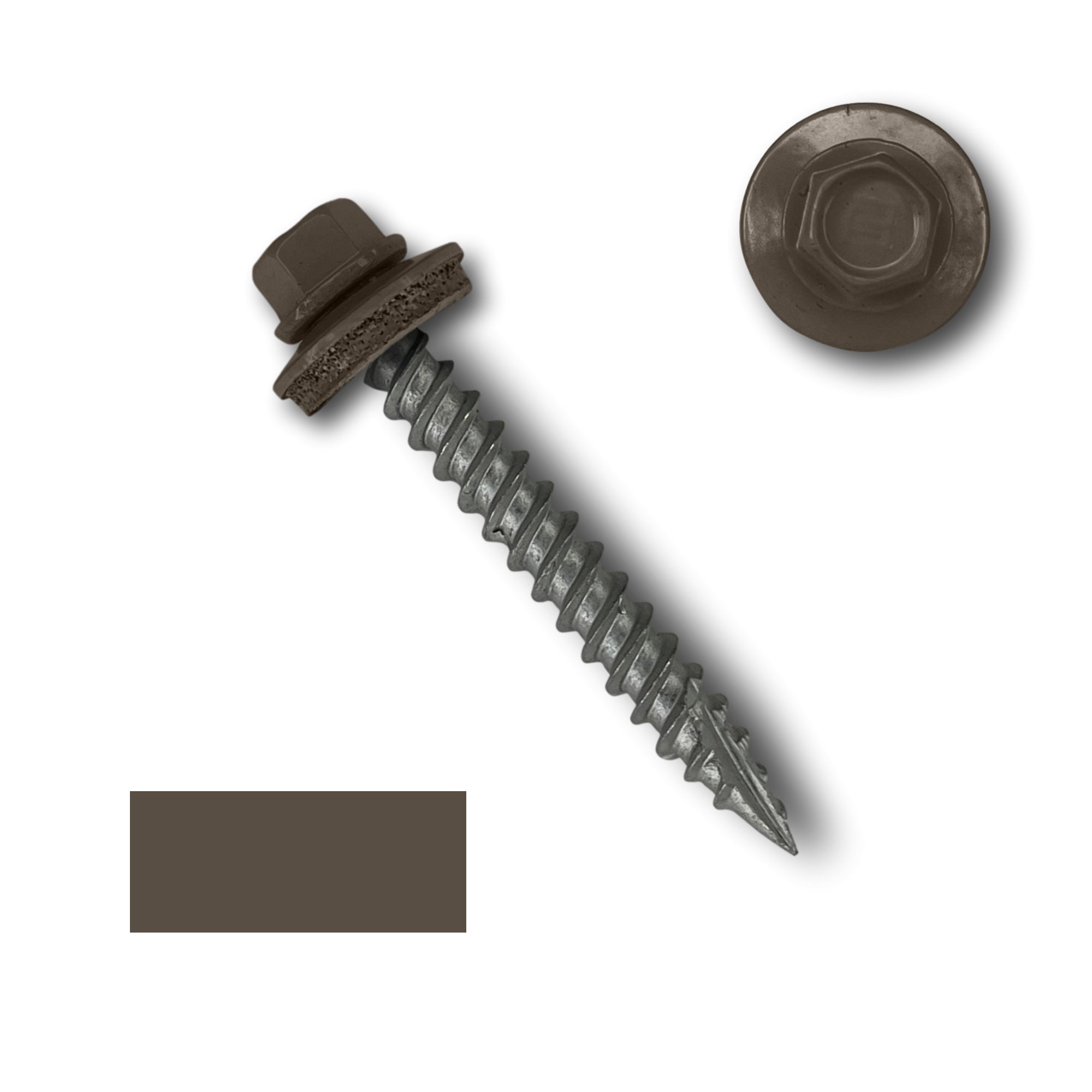 A number 10 Diameter Metal Roofing Screw that is 1.5 inch long with a 1/4 inch Hex Head and an EPDM Rubber Washer. The screw features a Type 17 sharp tip for drilling into wood decking. There is a color swatch of the screw head in the bottom left corner and a close-up of the screw head in the top right corner. The screw head is Burnished Slate in color.