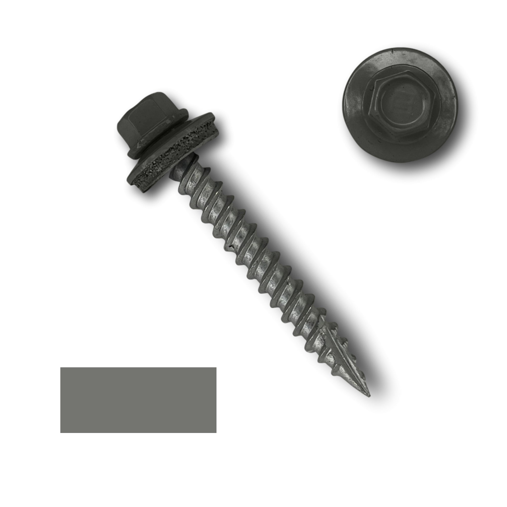 A number 10 Diameter Metal Roofing Screw that is 1.5 inch long with a 1/4 inch Hex Head and an EPDM Rubber Washer. The screw features a Type 17 sharp tip for drilling into wood decking. There is a color swatch of the screw head in the bottom left corner and a close-up of the screw head in the top right corner. The screw head is Charcoal Gray in color.