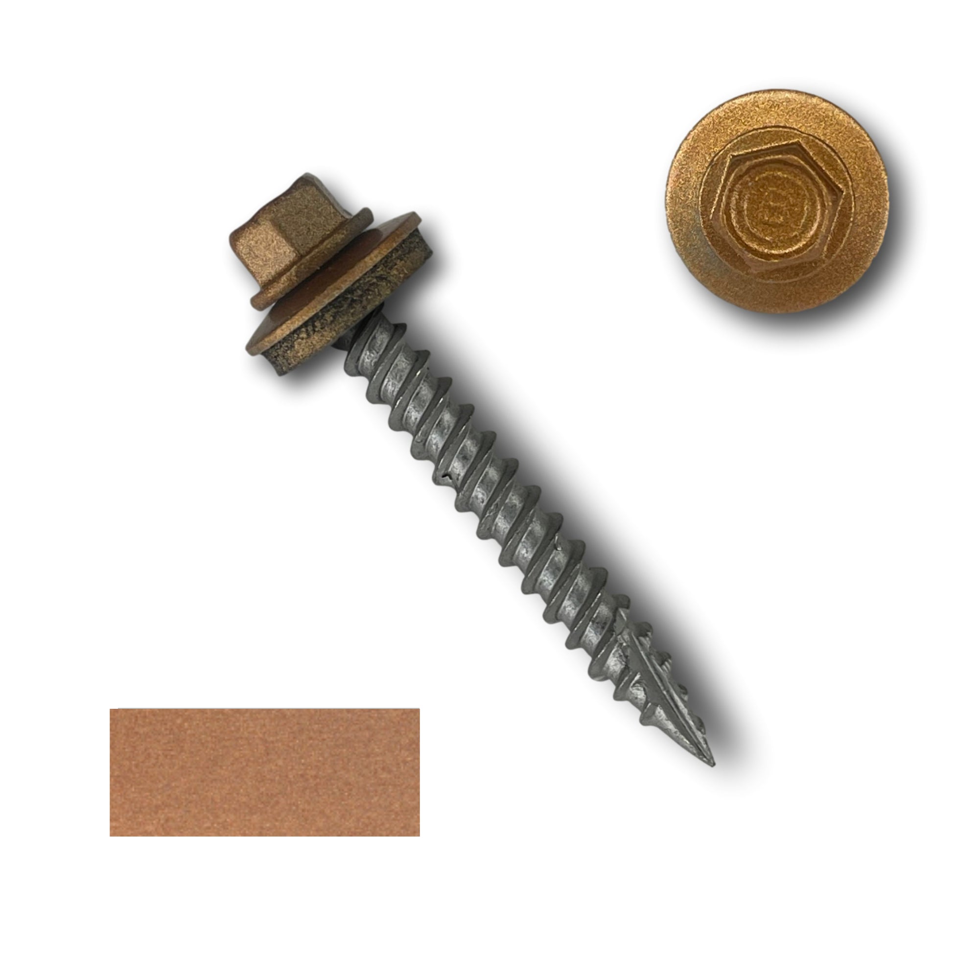 A number 10 Diameter Metal Roofing Screw that is 1.5 inch long with a 1/4 inch Hex Head and an EPDM Rubber Washer. The screw features a Type 17 sharp tip for drilling into wood decking. There is a color swatch of the screw head in the bottom left corner and a close-up of the screw head in the top right corner. The screw head is Copper Metallic in color.