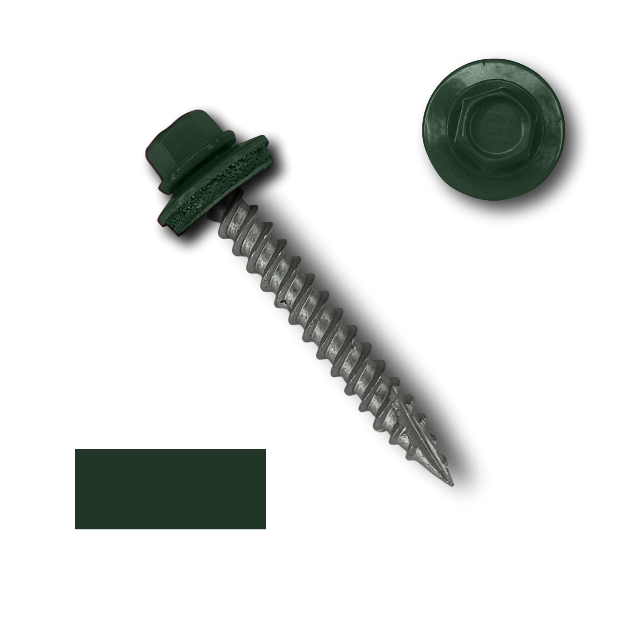 A number 10 Diameter Metal Roofing Screw that is 1.5 inch long with a 1/4 inch Hex Head and an EPDM Rubber Washer. The screw features a Type 17 sharp tip for drilling into wood decking. There is a color swatch of the screw head in the bottom left corner and a close-up of the screw head in the top right corner. The screw head is Forest Green in color.
