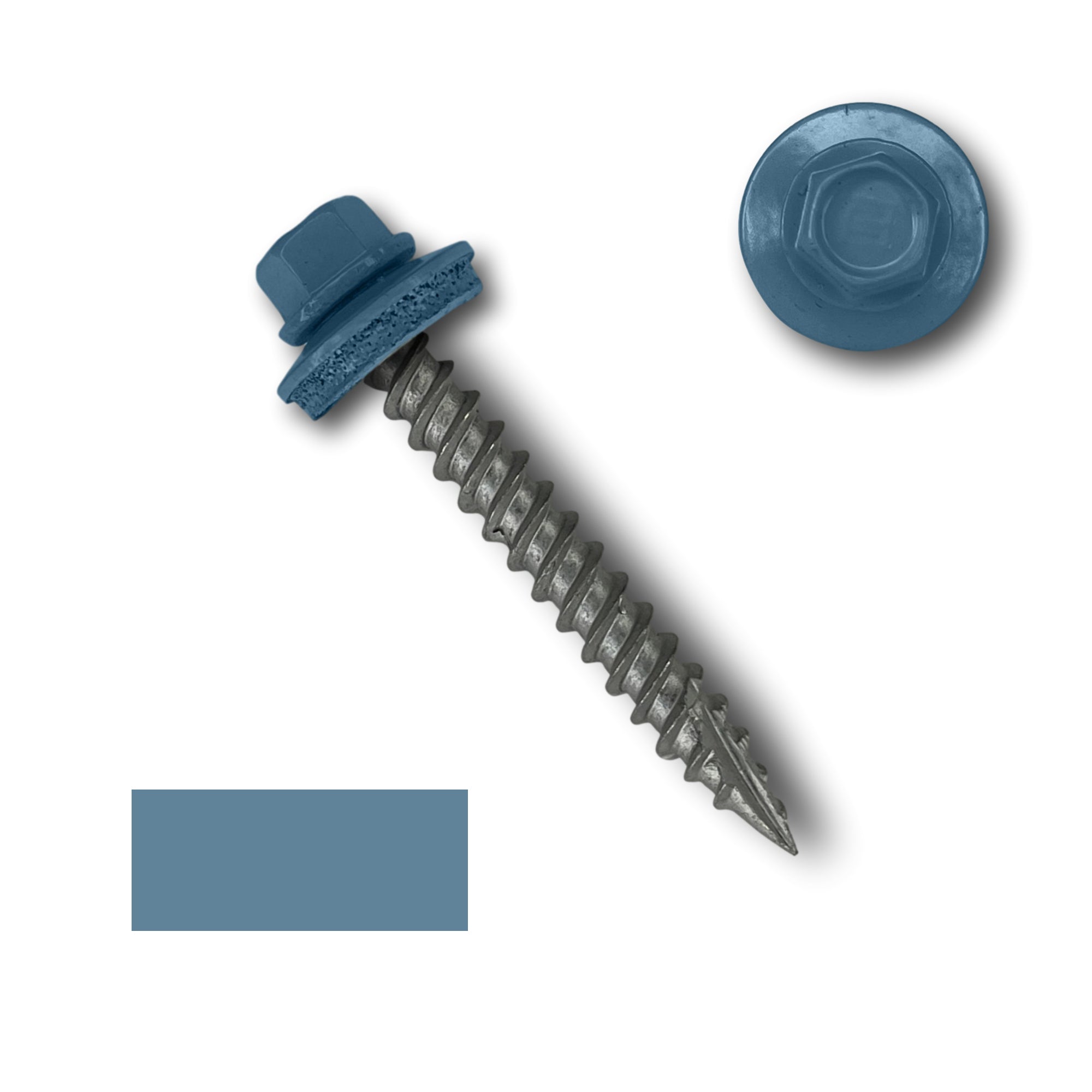 A number 10 Diameter Metal Roofing Screw that is 1.5 inch long with a 1/4 inch Hex Head and an EPDM Rubber Washer. The screw features a Type 17 sharp tip for drilling into wood decking. There is a color swatch of the screw head in the bottom left corner and a close-up of the screw head in the top right corner. The screw head is Hawaiian Blue in color.