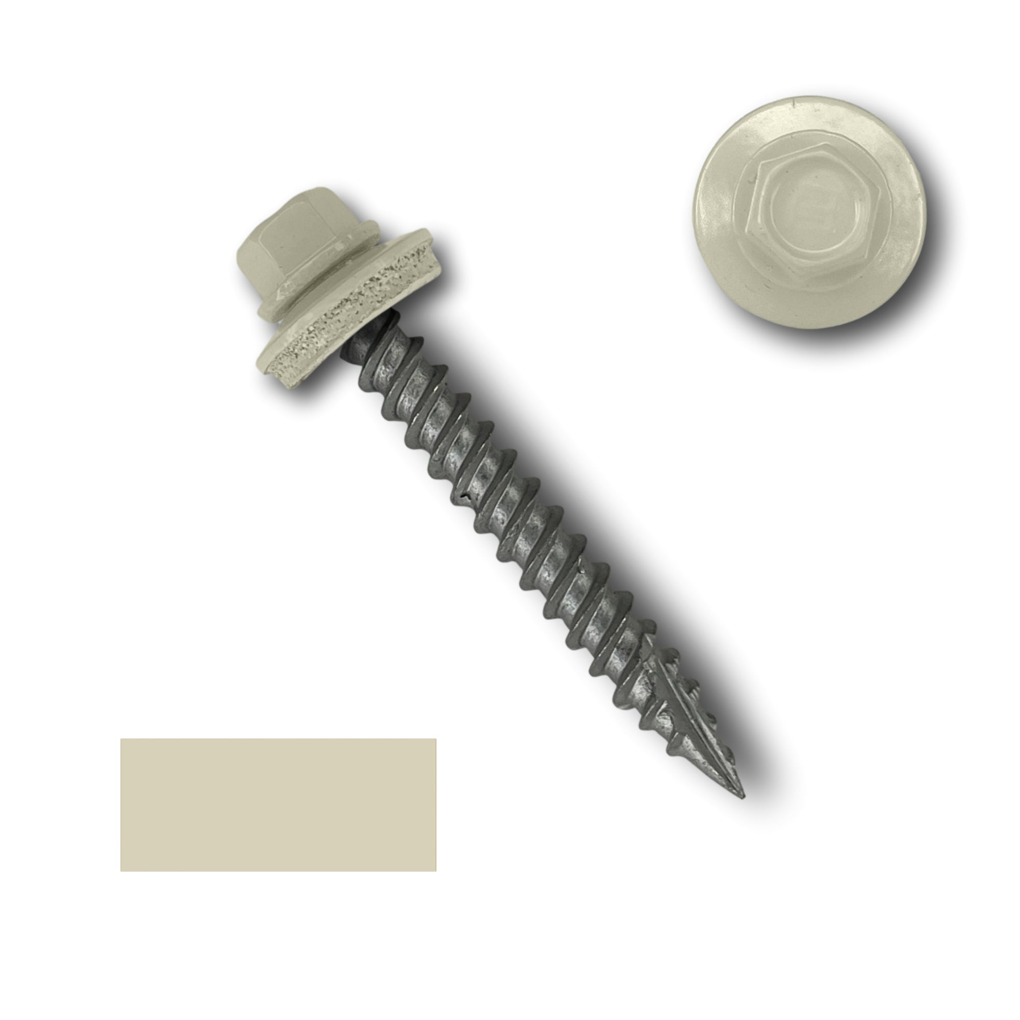 A number 10 Diameter Metal Roofing Screw that is 1.5 inch long with a 1/4 inch Hex Head and an EPDM Rubber Washer. The screw features a Type 17 sharp tip for drilling into wood decking. There is a color swatch of the screw head in the bottom left corner and a close-up of the screw head in the top right corner. The screw head is Lightstone in color.