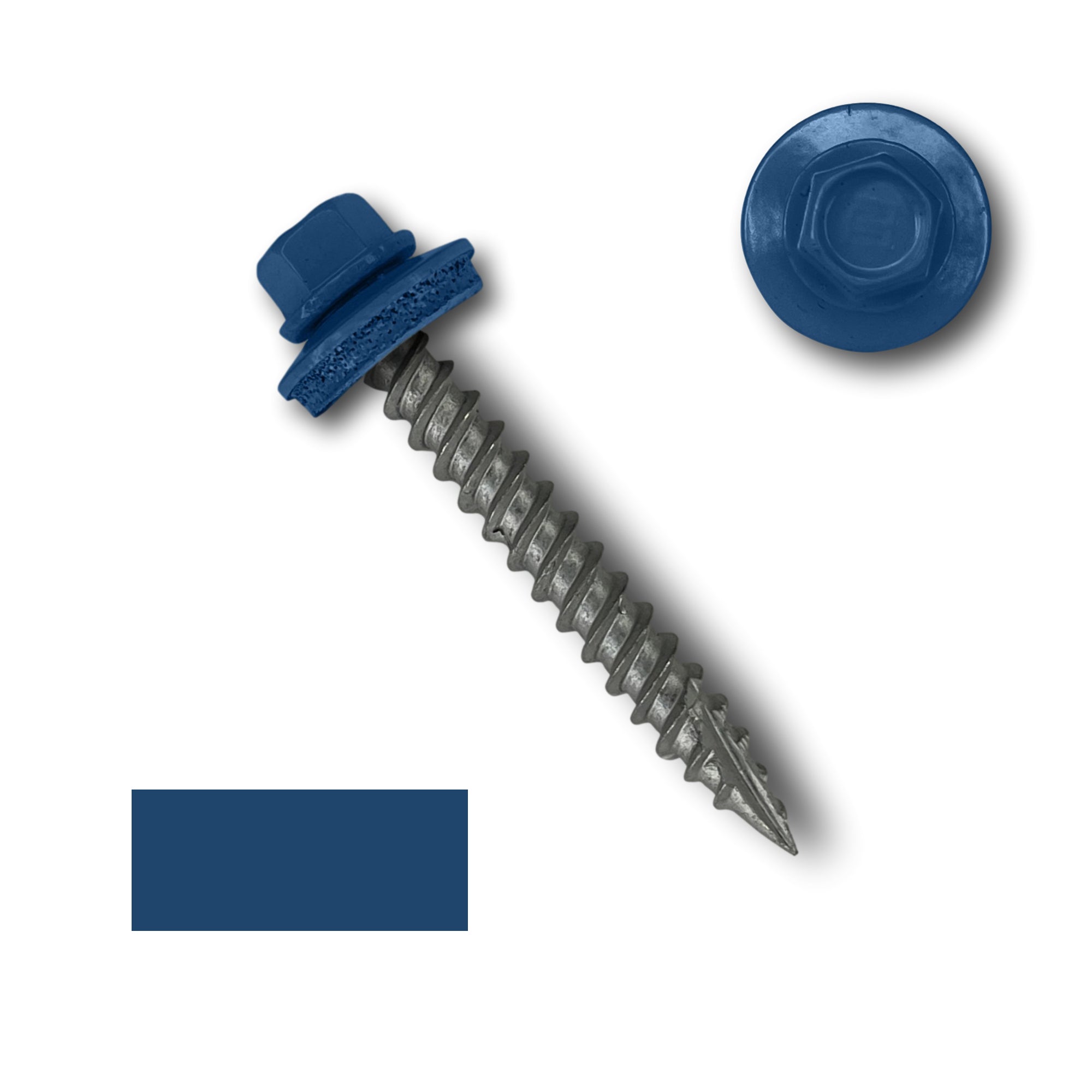 A number 10 Diameter Metal Roofing Screw that is 1.5 inch long with a 1/4 inch Hex Head and an EPDM Rubber Washer. The screw features a Type 17 sharp tip for drilling into wood decking. There is a color swatch of the screw head in the bottom left corner and a close-up of the screw head in the top right corner. The screw head is Regal Blue in color.