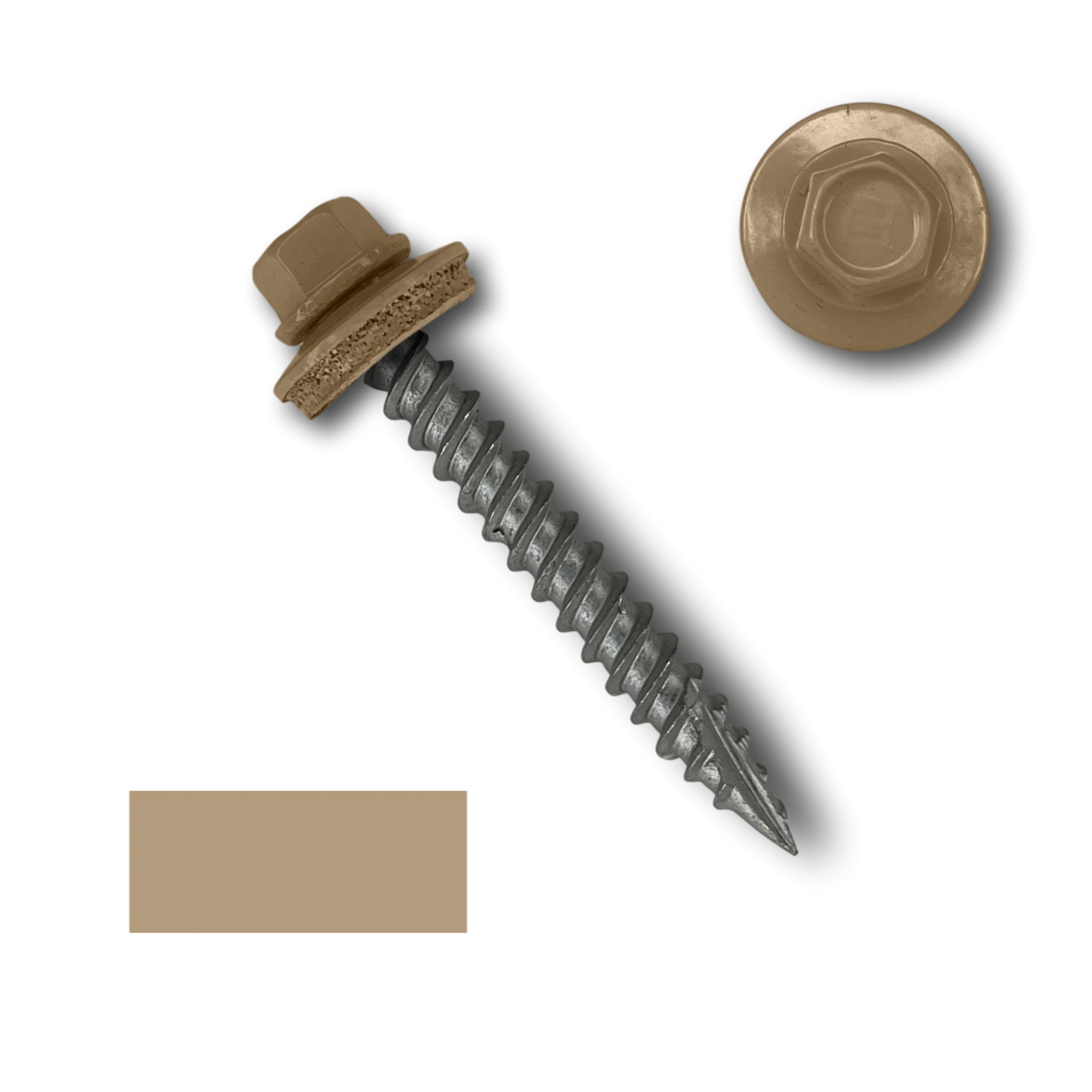 A number 10 Diameter Metal Roofing Screw that is 1.5 inch long with a 1/4 inch Hex Head and an EPDM Rubber Washer. The screw features a Type 17 sharp tip for drilling into wood decking. There is a color swatch of the screw head in the bottom left corner and a close-up of the screw head in the top right corner. The screw head is Sahara Tan in color.
