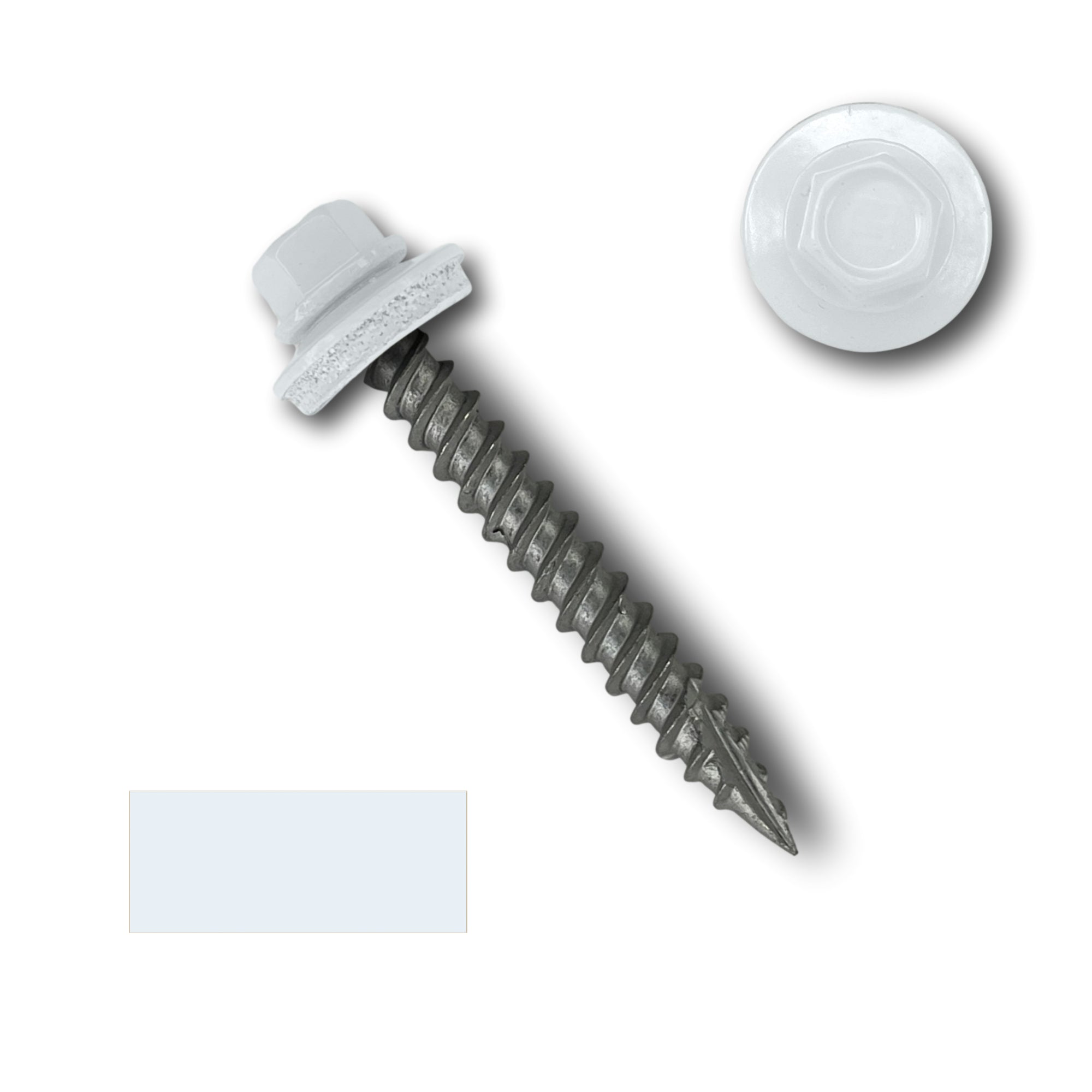 A number 10 Diameter Metal Roofing Screw that is 1.5 inch long with a 1/4 inch Hex Head and an EPDM Rubber Washer. The screw features a Type 17 sharp tip for drilling into wood decking. There is a color swatch of the screw head in the bottom left corner and a close-up of the screw head in the top right corner. The screw head is White in color.