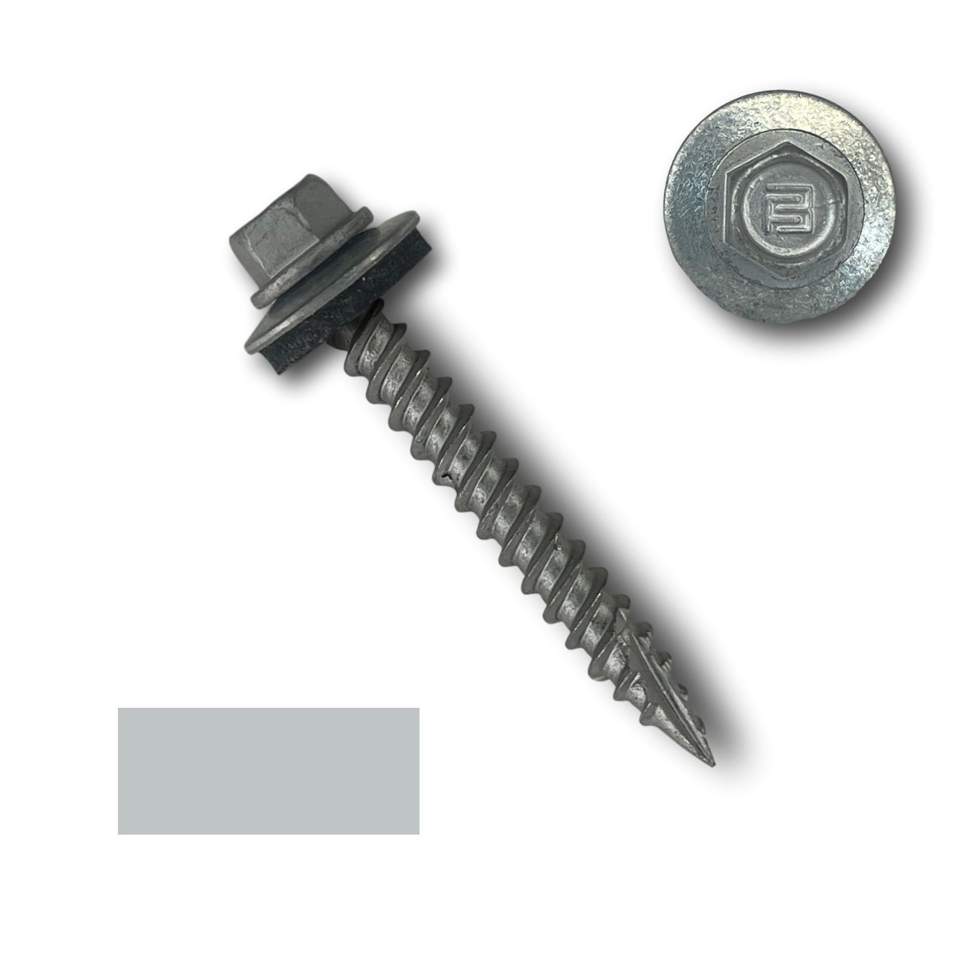 A number 10 Diameter Metal Roofing Screw that is 1.5 inch long with a 1/4 inch Hex Head and an EPDM Rubber Washer. The screw features a Type 17 sharp tip for drilling into wood decking. There is a color swatch of the screw head in the bottom left corner and a close-up of the screw head in the top right corner. The screw head is Zinc/Unpainted in color.