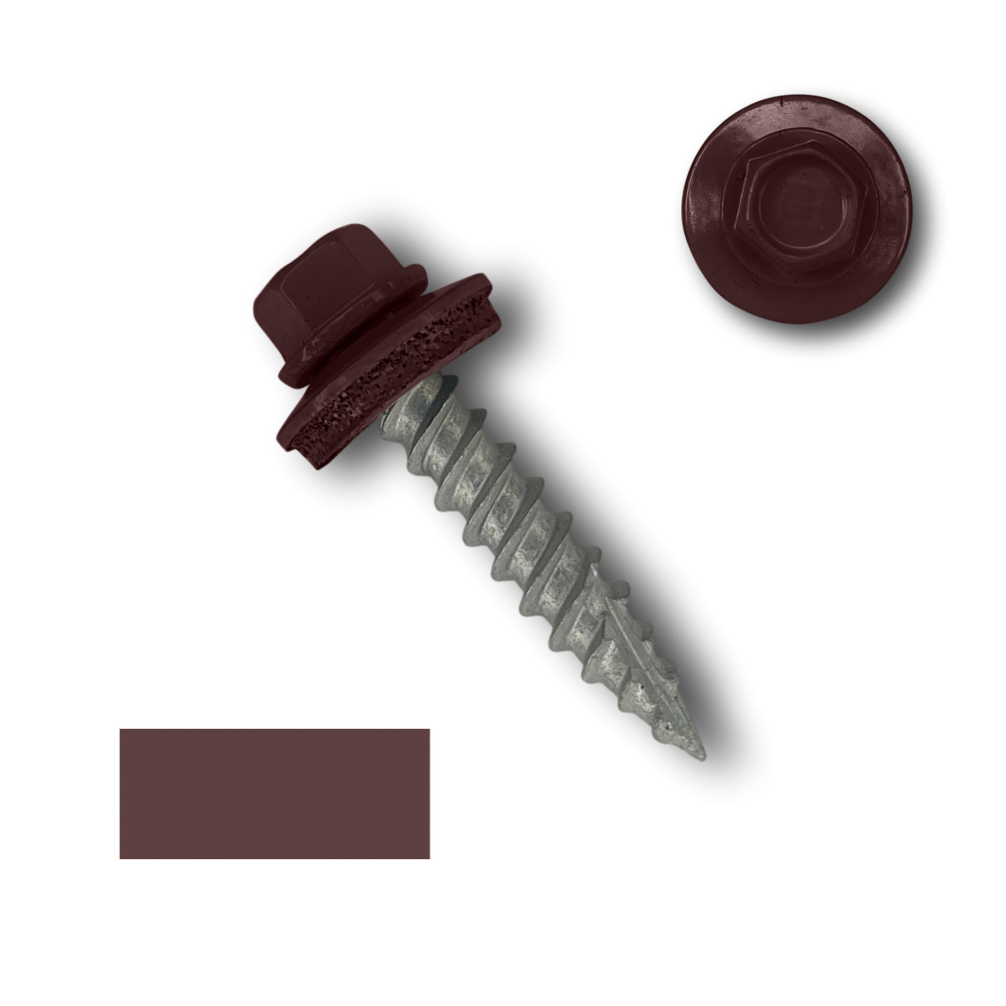A number 10 Diameter Metal Roofing Screw that is 1 inch long with a 1/4 inch Hex Head and an EPDM Rubber Washer. The screw features a Type 17 sharp tip for drilling into wood decking. There is a color swatch of the screw head in the bottom left corner and a close-up of the screw head in the top right corner. The screw head is Burgundy in color.