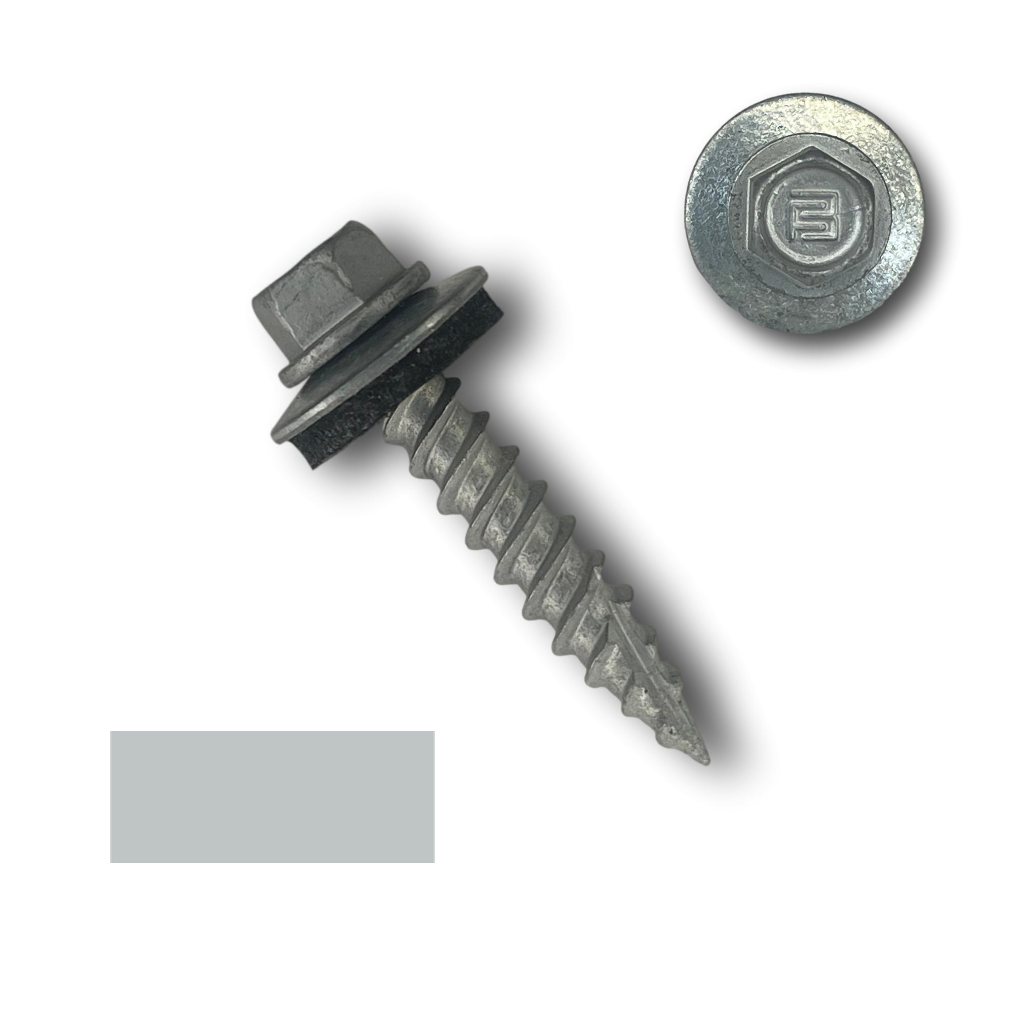 A number 10 Diameter Metal Roofing Screw that is 1 inch long with a 1/4 inch Hex Head and an EPDM Rubber Washer. The screw features a Type 17 sharp tip for drilling into wood decking. There is a color swatch of the screw head in the bottom left corner and a close-up of the screw head in the top right corner. The screw head is Zinc/Unpainted in color.