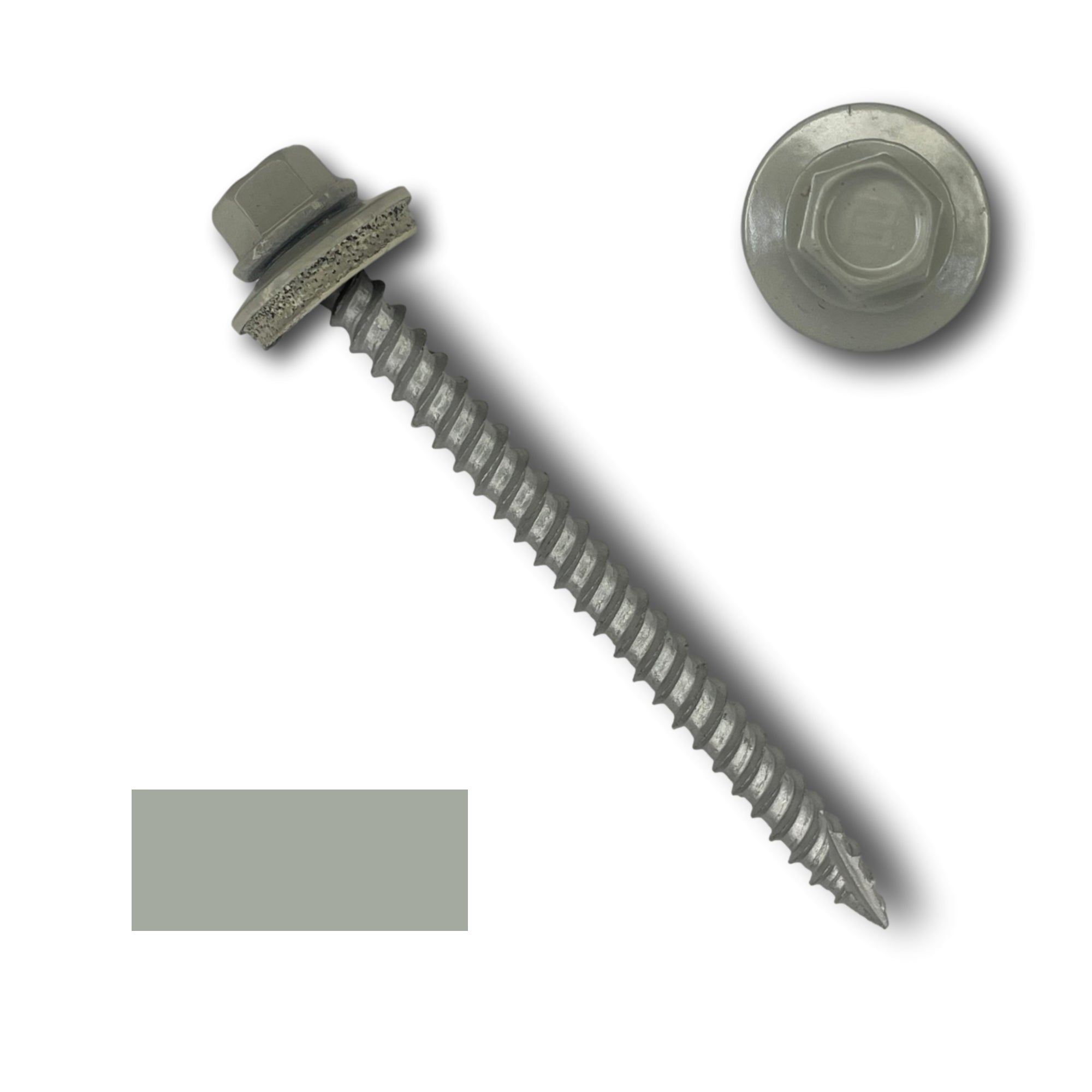 A number 10 Diameter Metal Roofing Screw that is 2.5 inch long with a 1/4 inch Hex Head and an EPDM Rubber Washer. The screw features a Type 17 sharp tip for drilling into wood decking. There is a color swatch of the screw head in the bottom left corner and a close-up of the screw head in the top right corner. The screw head is Ash Gray in color.