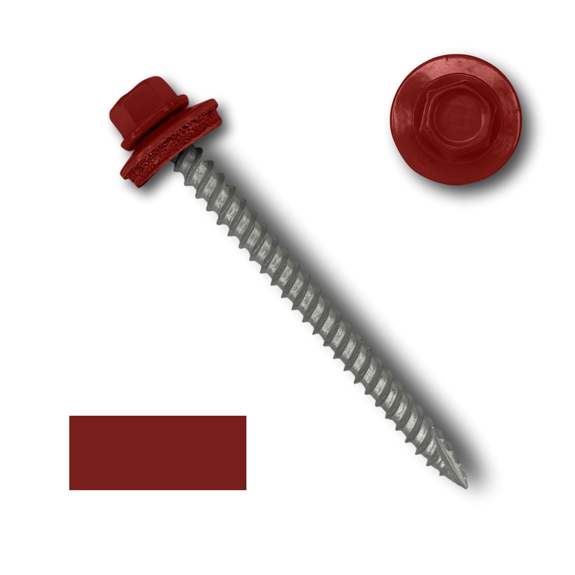 A number 10 Diameter Metal Roofing Screw that is 2.5 inch long with a 1/4 inch Hex Head and an EPDM Rubber Washer. The screw features a Type 17 sharp tip for drilling into wood decking. There is a color swatch of the screw head in the bottom left corner and a close-up of the screw head in the top right corner. The screw head is Barn Red in color.