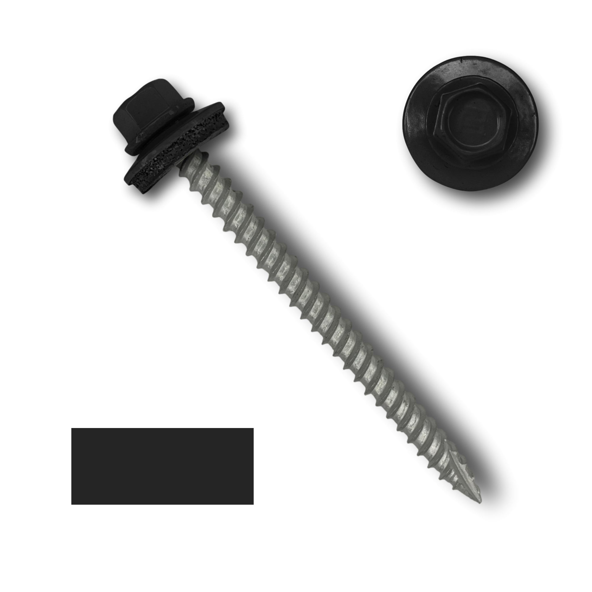 A number 10 Diameter Metal Roofing Screw that is 2.5 inch long with a 1/4 inch Hex Head and an EPDM Rubber Washer. The screw features a Type 17 sharp tip for drilling into wood decking. There is a color swatch of the screw head in the bottom left corner and a close-up of the screw head in the top right corner. The screw head is Black in color.
