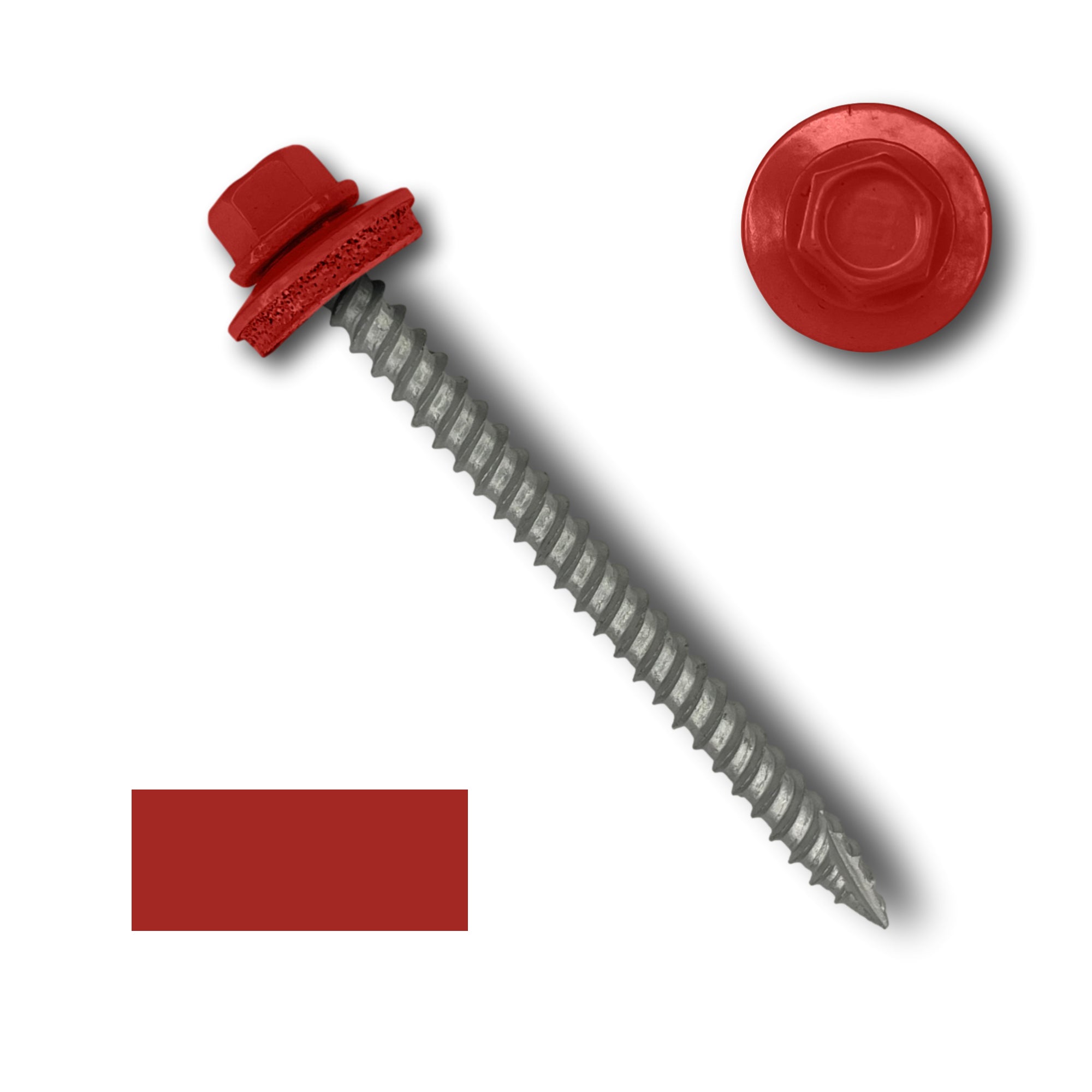 A number 10 Diameter Metal Roofing Screw that is 2.5 inch long with a 1/4 inch Hex Head and an EPDM Rubber Washer. The screw features a Type 17 sharp tip for drilling into wood decking. There is a color swatch of the screw head in the bottom left corner and a close-up of the screw head in the top right corner. The screw head is Bright Red in color.
