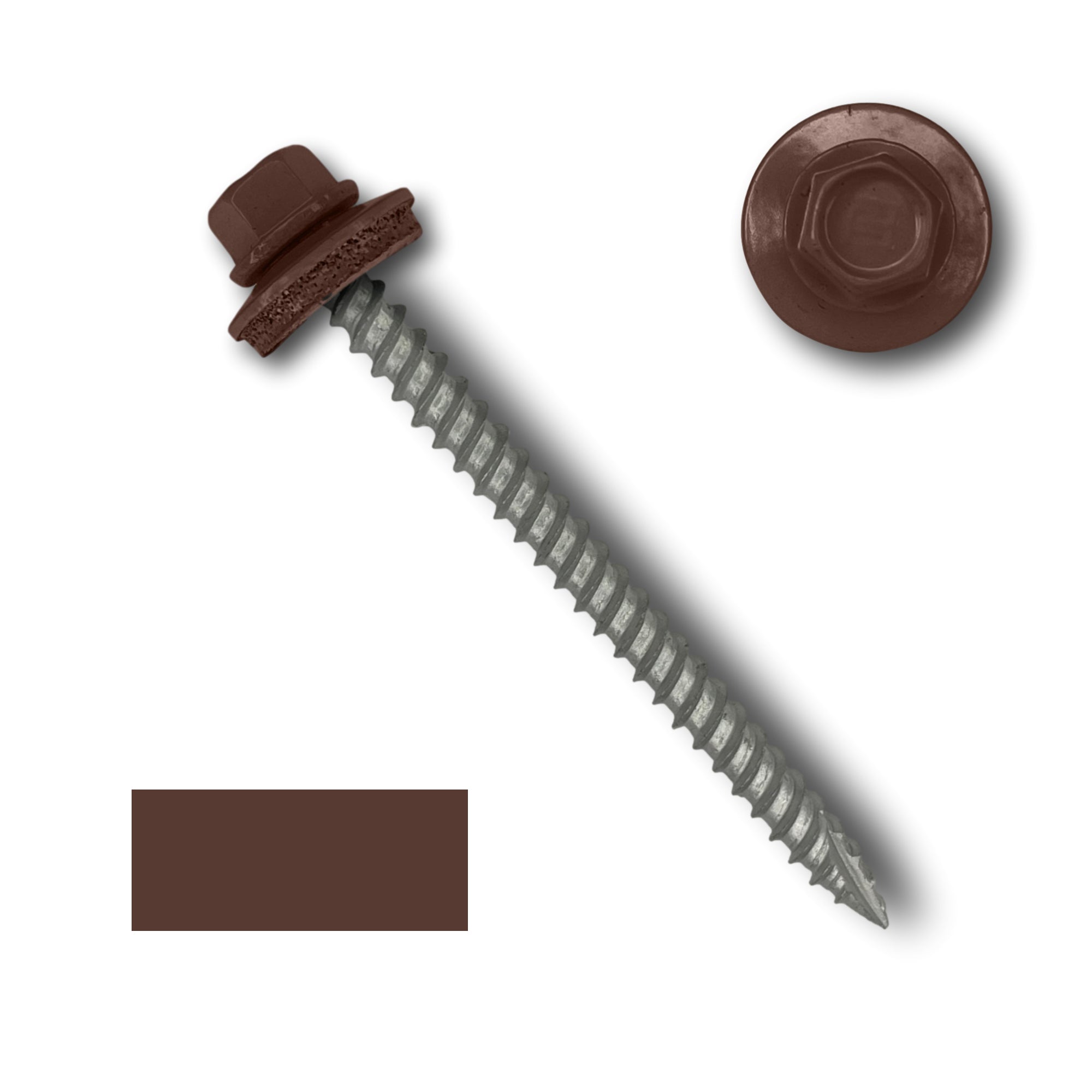 A number 10 Diameter Metal Roofing Screw that is 2.5 inch long with a 1/4 inch Hex Head and an EPDM Rubber Washer. The screw features a Type 17 sharp tip for drilling into wood decking. There is a color swatch of the screw head in the bottom left corner and a close-up of the screw head in the top right corner. The screw head is Brown in color.
