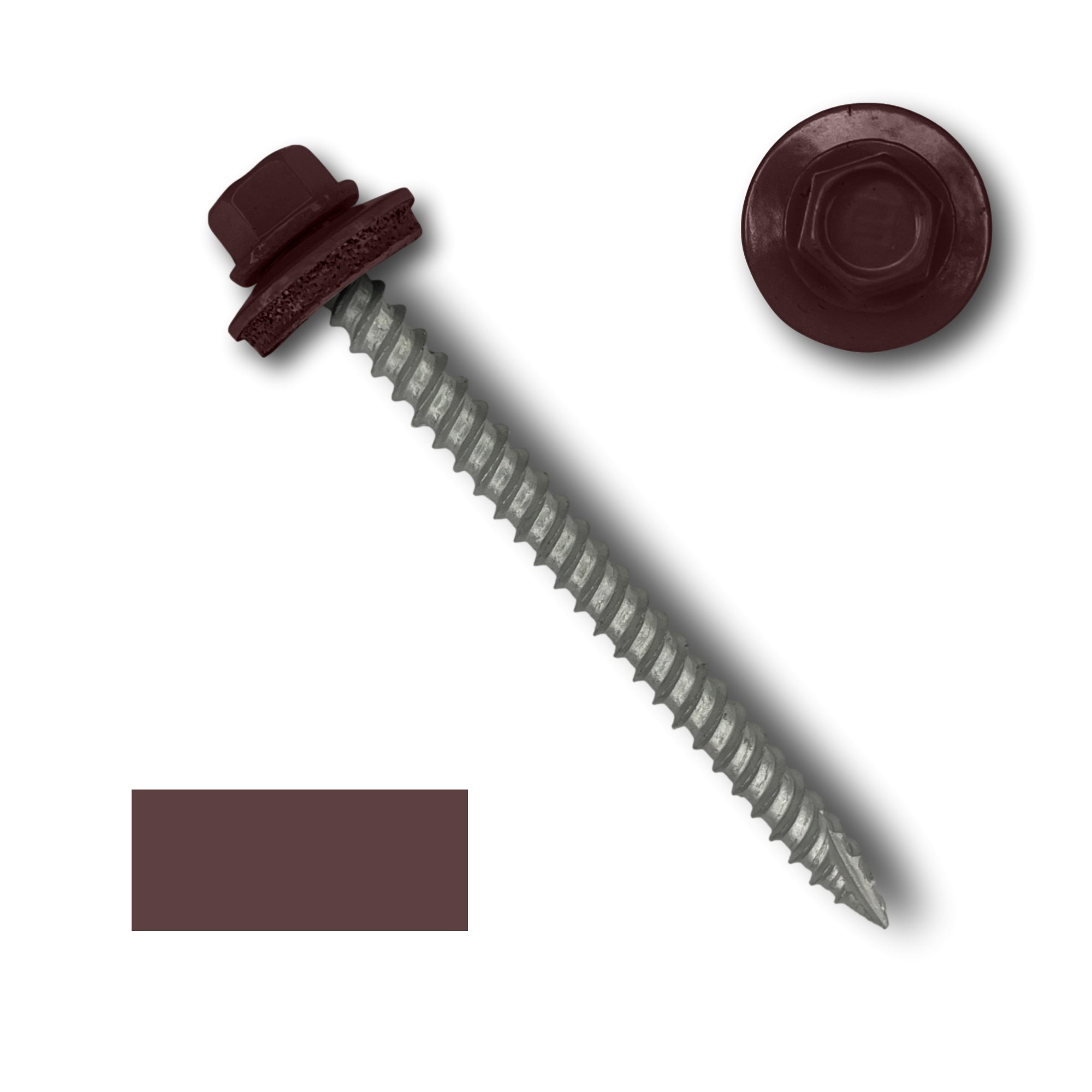 A number 10 Diameter Metal Roofing Screw that is 2.5 inch long with a 1/4 inch Hex Head and an EPDM Rubber Washer. The screw features a Type 17 sharp tip for drilling into wood decking. There is a color swatch of the screw head in the bottom left corner and a close-up of the screw head in the top right corner. The screw head is Burgundy in color.