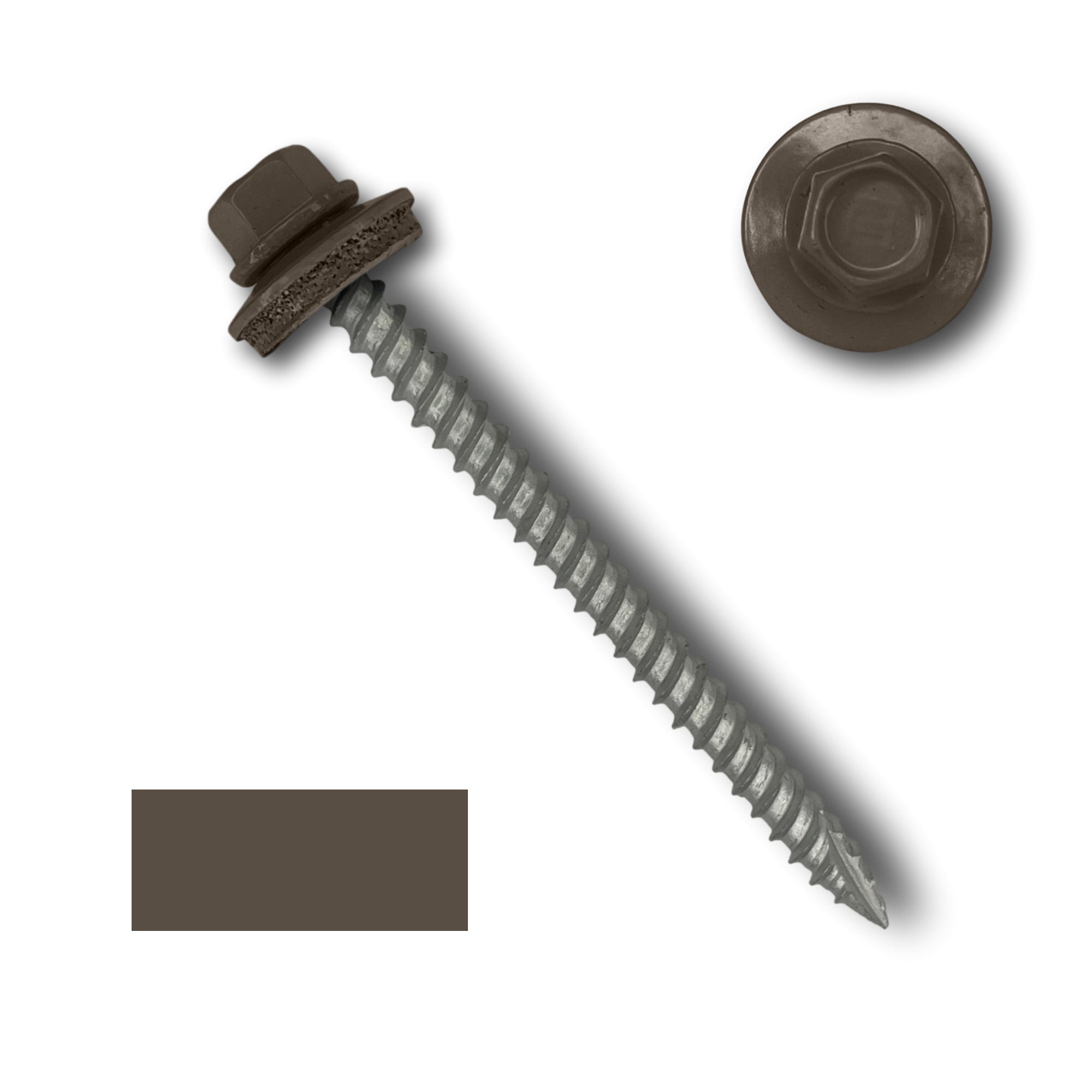 A number 10 Diameter Metal Roofing Screw that is 2.5 inch long with a 1/4 inch Hex Head and an EPDM Rubber Washer. The screw features a Type 17 sharp tip for drilling into wood decking. There is a color swatch of the screw head in the bottom left corner and a close-up of the screw head in the top right corner. The screw head is Burnished Slate in color.