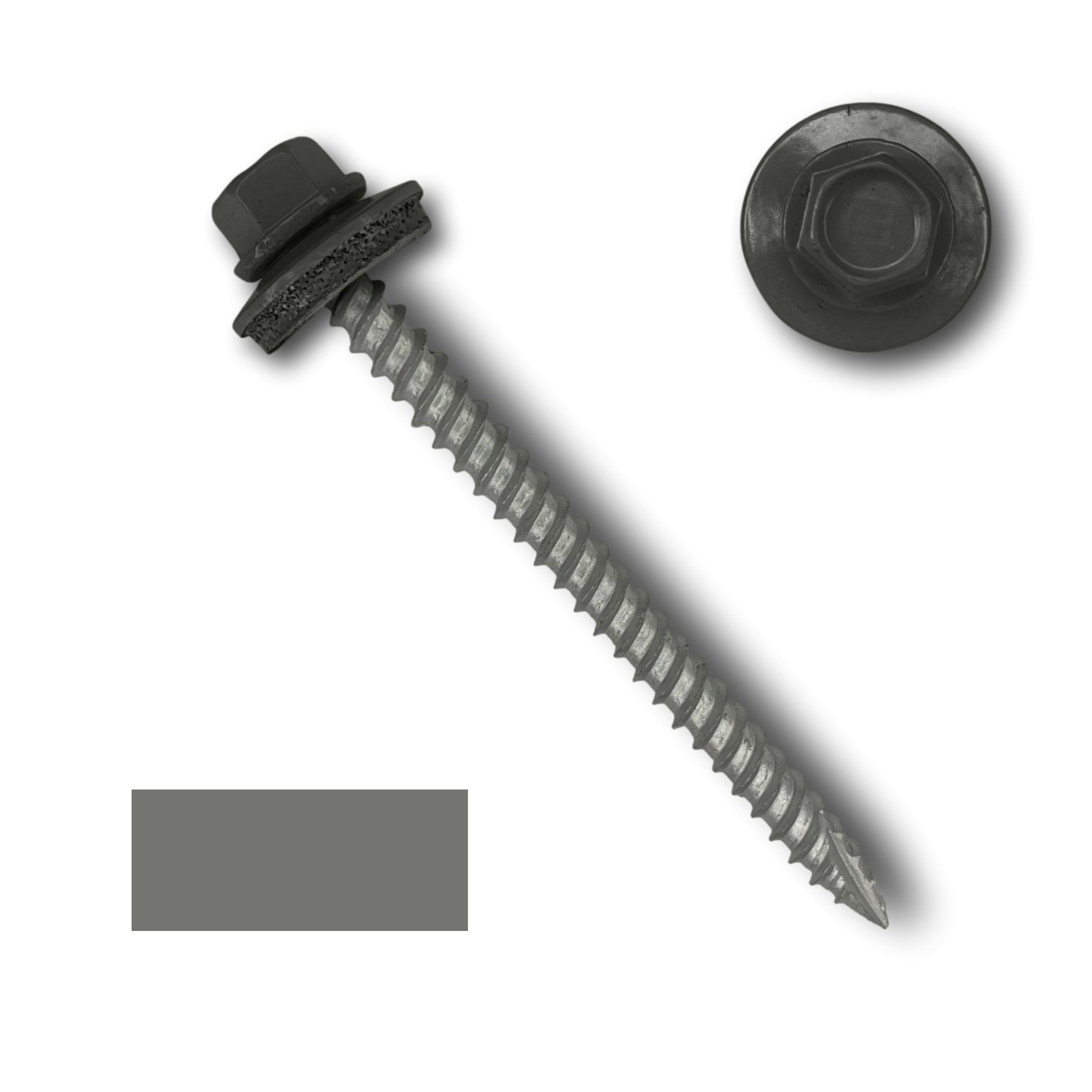 A number 10 Diameter Metal Roofing Screw that is 2.5 inch long with a 1/4 inch Hex Head and an EPDM Rubber Washer. The screw features a Type 17 sharp tip for drilling into wood decking. There is a color swatch of the screw head in the bottom left corner and a close-up of the screw head in the top right corner. The screw head is Charcoal Gray in color.