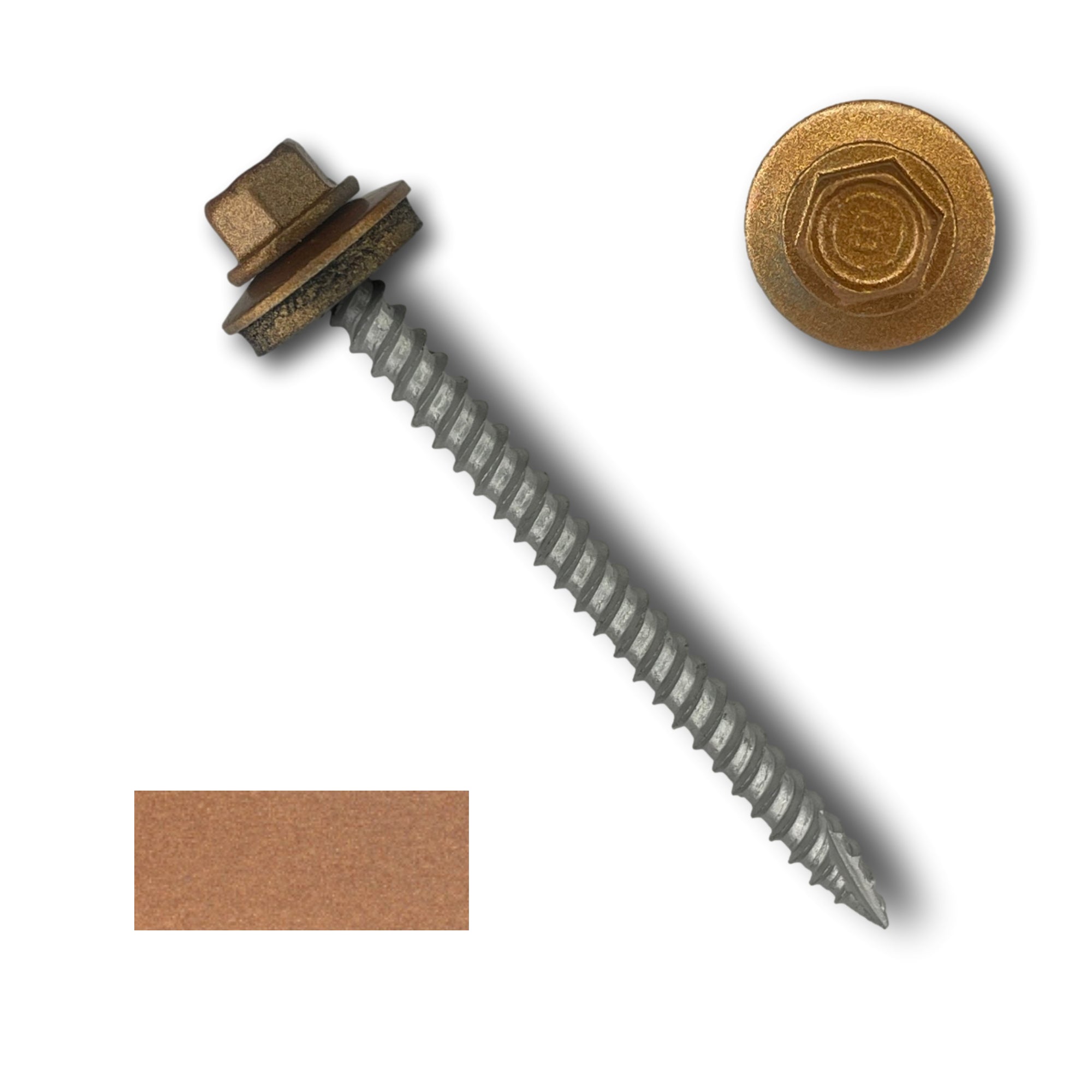 A number 10 Diameter Metal Roofing Screw that is 2.5 inch long with a 1/4 inch Hex Head and an EPDM Rubber Washer. The screw features a Type 17 sharp tip for drilling into wood decking. There is a color swatch of the screw head in the bottom left corner and a close-up of the screw head in the top right corner. The screw head is Copper Metallic in color.