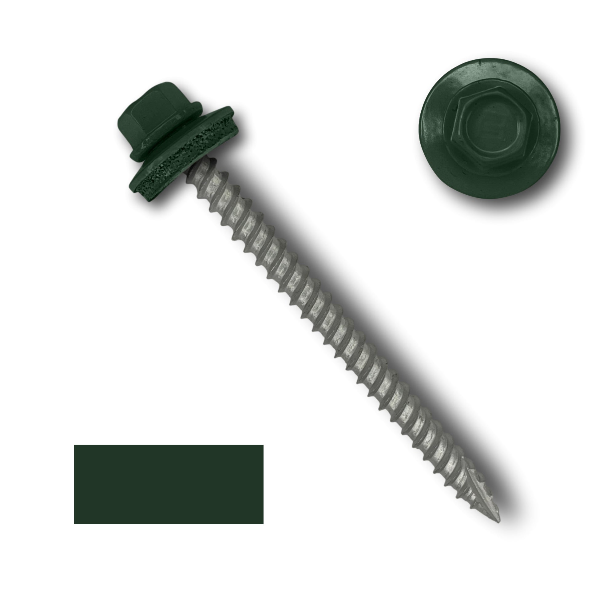 A number 10 Diameter Metal Roofing Screw that is 2.5 inch long with a 1/4 inch Hex Head and an EPDM Rubber Washer. The screw features a Type 17 sharp tip for drilling into wood decking. There is a color swatch of the screw head in the bottom left corner and a close-up of the screw head in the top right corner. The screw head is Forest Green in color.
