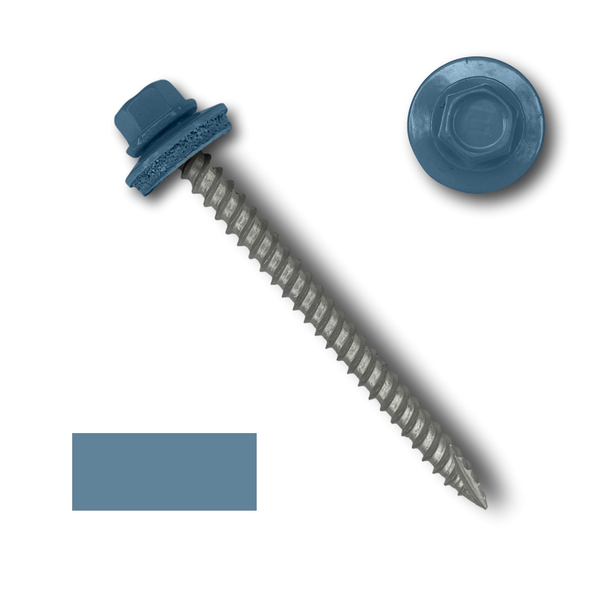 A number 10 Diameter Metal Roofing Screw that is 2.5 inch long with a 1/4 inch Hex Head and an EPDM Rubber Washer. The screw features a Type 17 sharp tip for drilling into wood decking. There is a color swatch of the screw head in the bottom left corner and a close-up of the screw head in the top right corner. The screw head is Hawaiian Blue in color.