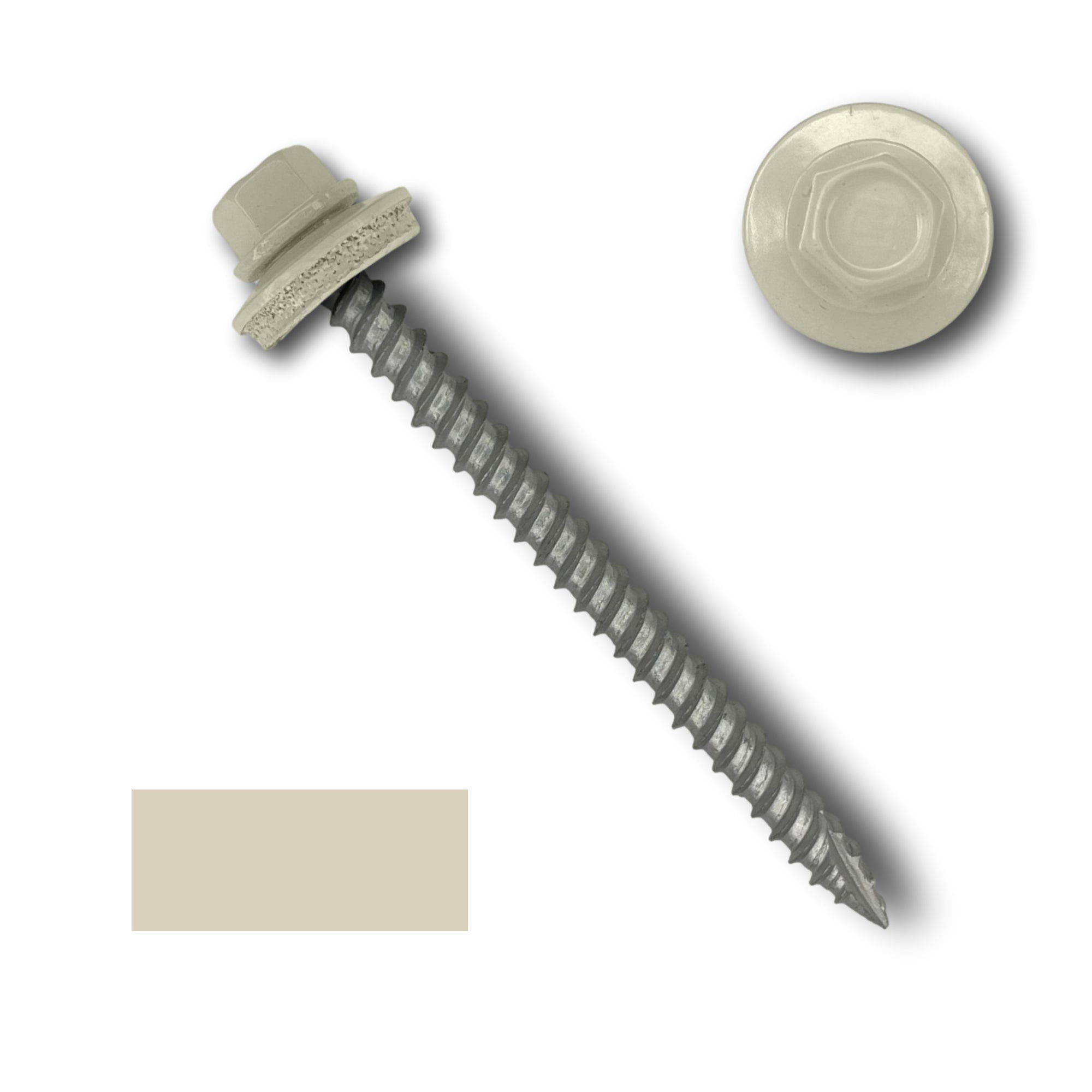 A number 10 Diameter Metal Roofing Screw that is 2.5 inch long with a 1/4 inch Hex Head and an EPDM Rubber Washer. The screw features a Type 17 sharp tip for drilling into wood decking. There is a color swatch of the screw head in the bottom left corner and a close-up of the screw head in the top right corner. The screw head is Lightstone in color.