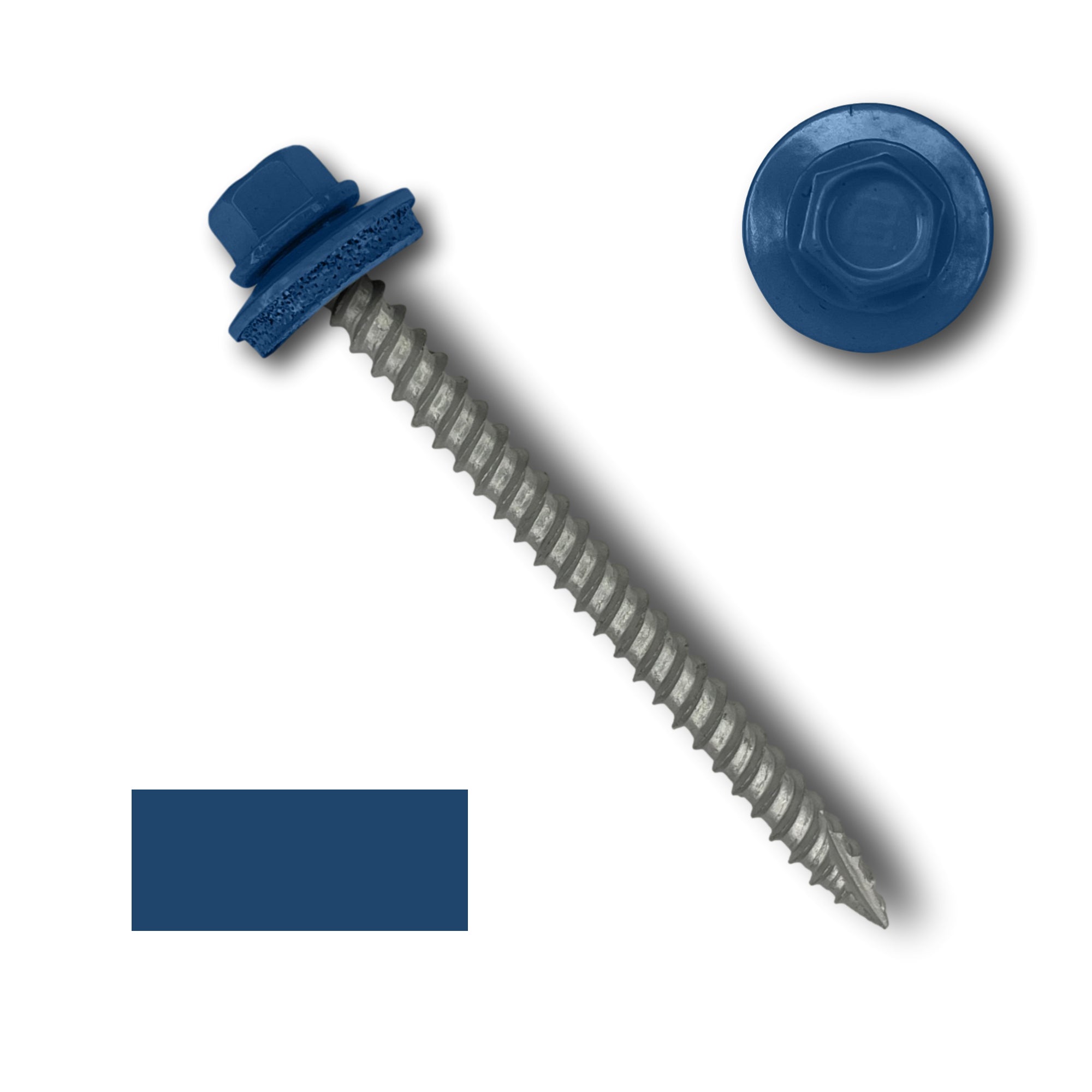 A number 10 Diameter Metal Roofing Screw that is 2.5 inch long with a 1/4 inch Hex Head and an EPDM Rubber Washer. The screw features a Type 17 sharp tip for drilling into wood decking. There is a color swatch of the screw head in the bottom left corner and a close-up of the screw head in the top right corner. The screw head is Regal Blue in color.