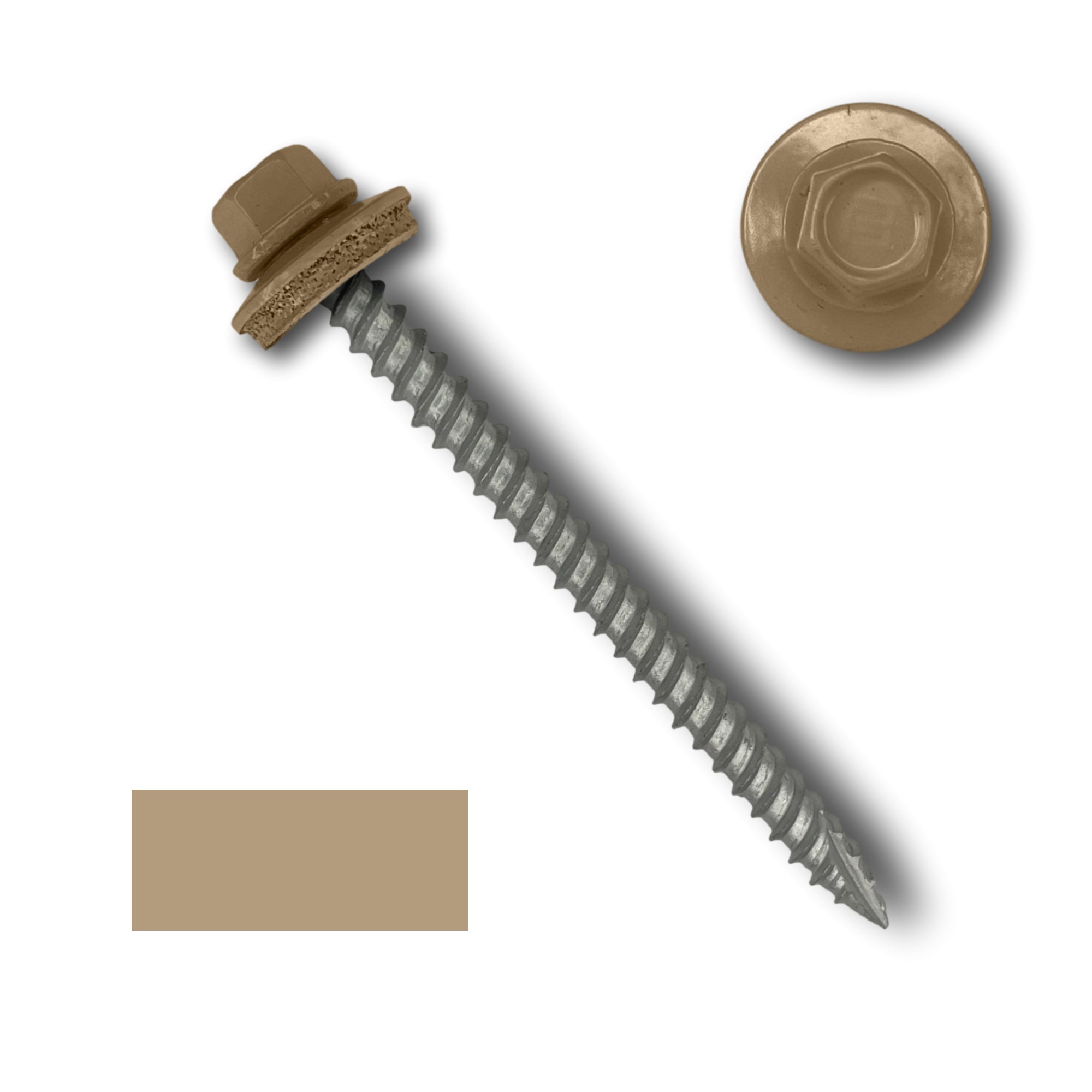 A number 10 Diameter Metal Roofing Screw that is 2.5 inch long with a 1/4 inch Hex Head and an EPDM Rubber Washer. The screw features a Type 17 sharp tip for drilling into wood decking. There is a color swatch of the screw head in the bottom left corner and a close-up of the screw head in the top right corner. The screw head is Sahara Tan in color.
