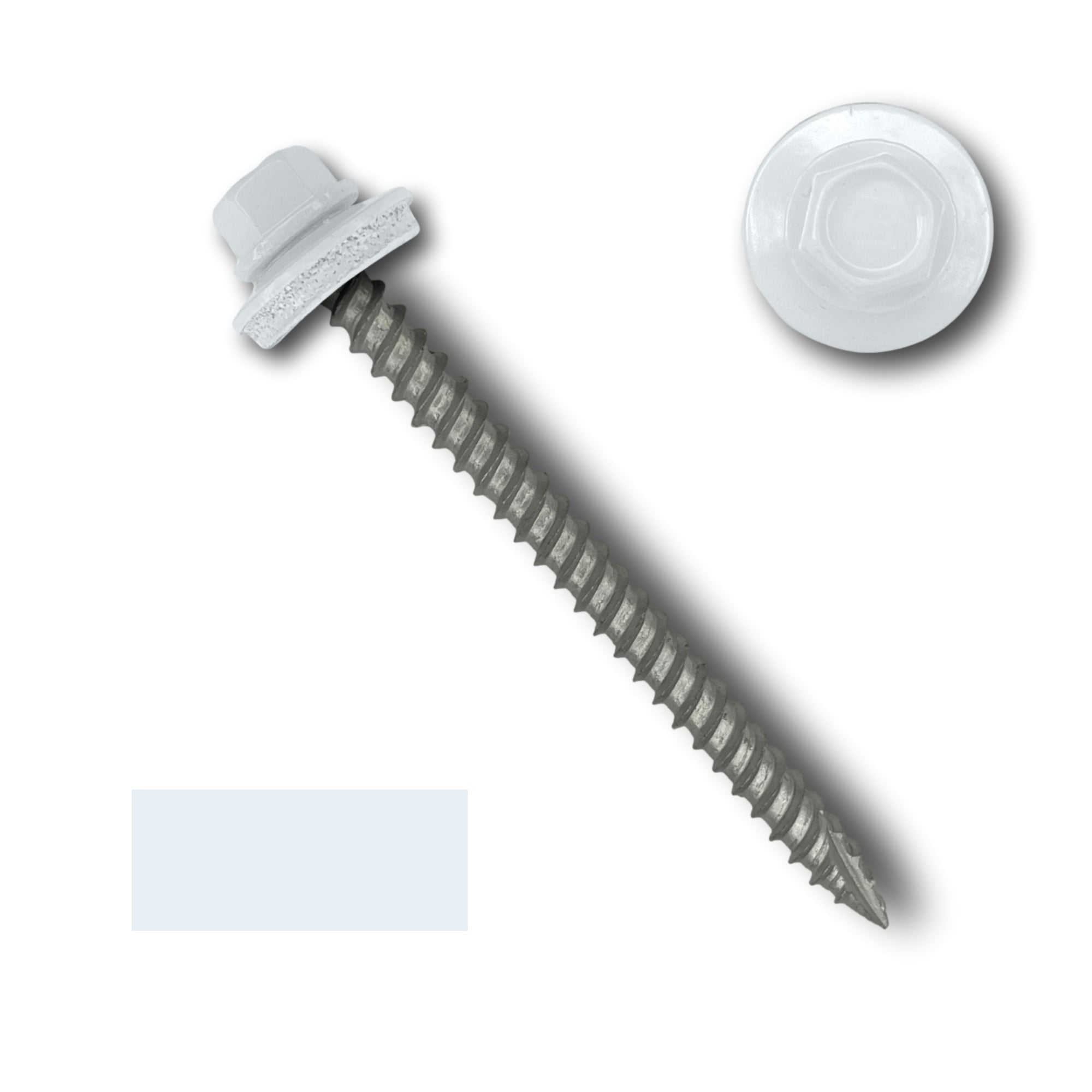 A number 10 Diameter Metal Roofing Screw that is 2.5 inch long with a 1/4 inch Hex Head and an EPDM Rubber Washer. The screw features a Type 17 sharp tip for drilling into wood decking. There is a color swatch of the screw head in the bottom left corner and a close-up of the screw head in the top right corner. The screw head is White in color.