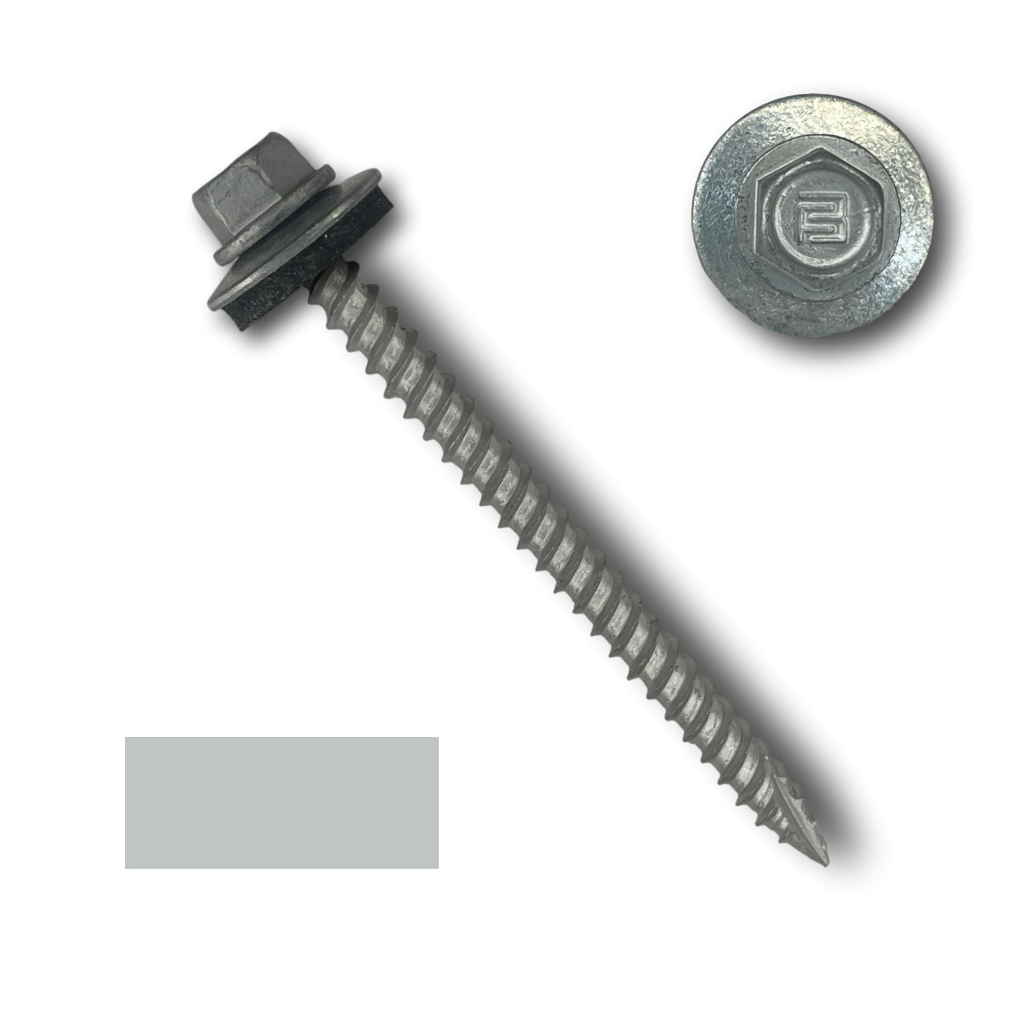 A number 10 Diameter Metal Roofing Screw that is 2.5 inch long with a 1/4 inch Hex Head and an EPDM Rubber Washer. The screw features a Type 17 sharp tip for drilling into wood decking. There is a color swatch of the screw head in the bottom left corner and a close-up of the screw head in the top right corner. The screw head is Zinc/Unpainted in color.