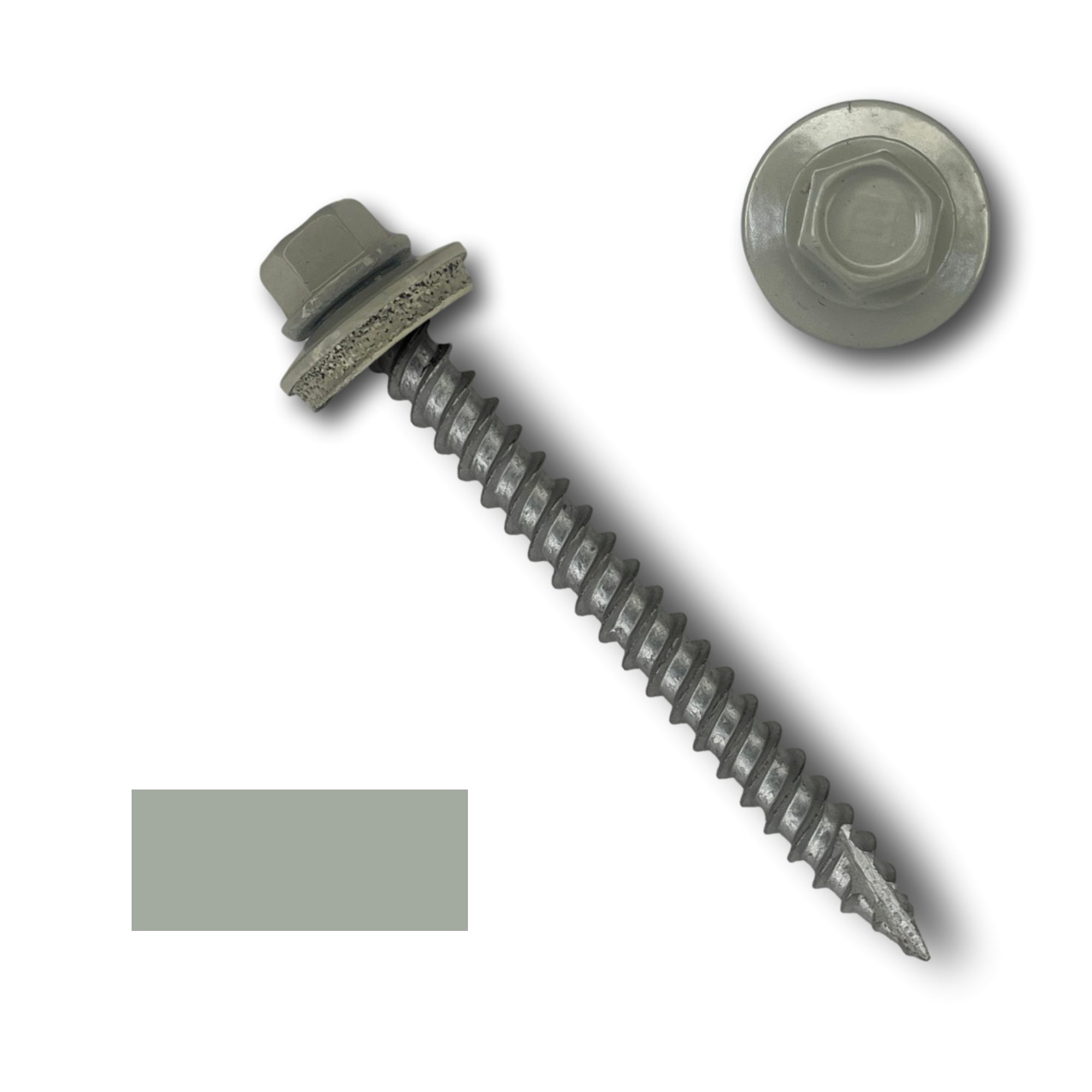 A number 10 Diameter Metal Roofing Screw that is 2 inch long with a 1/4 inch Hex Head and an EPDM Rubber Washer. The screw features a Type 17 sharp tip for drilling into wood decking. There is a color swatch of the screw head in the bottom left corner and a close-up of the screw head in the top right corner. The screw head is Ash Gray in color.