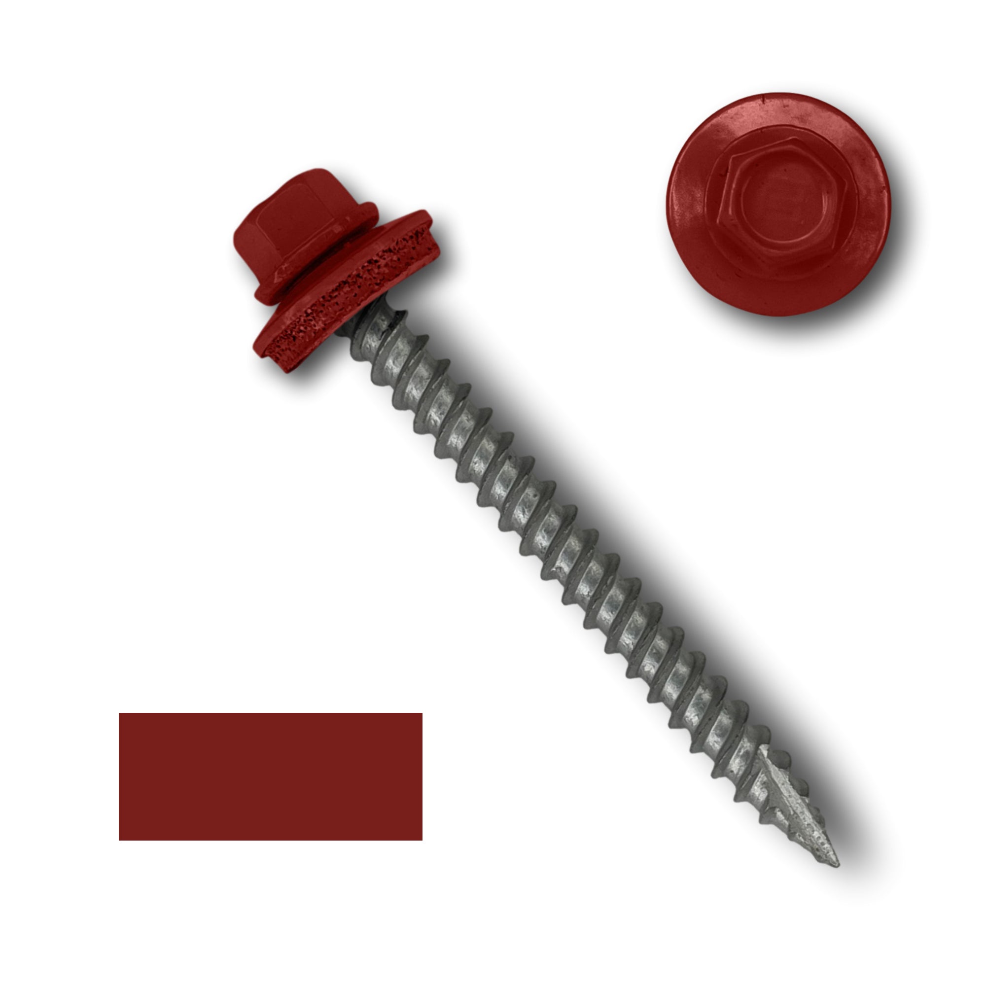 A number 10 Diameter Metal Roofing Screw that is 2 inch long with a 1/4 inch Hex Head and an EPDM Rubber Washer. The screw features a Type 17 sharp tip for drilling into wood decking. There is a color swatch of the screw head in the bottom left corner and a close-up of the screw head in the top right corner. The screw head is Barn Red in color.