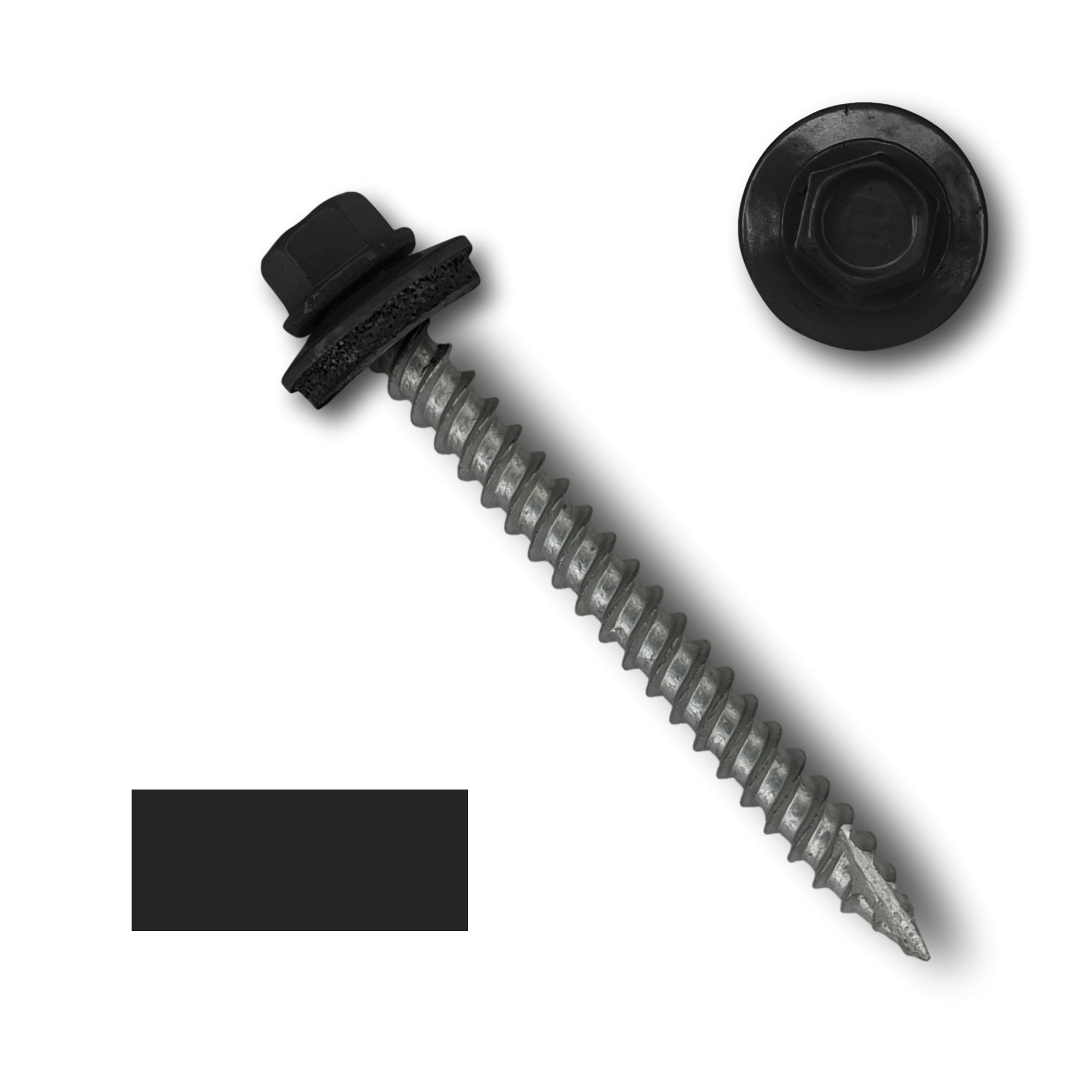 A number 10 Diameter Metal Roofing Screw that is 2 inch long with a 1/4 inch Hex Head and an EPDM Rubber Washer. The screw features a Type 17 sharp tip for drilling into wood decking. There is a color swatch of the screw head in the bottom left corner and a close-up of the screw head in the top right corner. The screw head is Black in color.