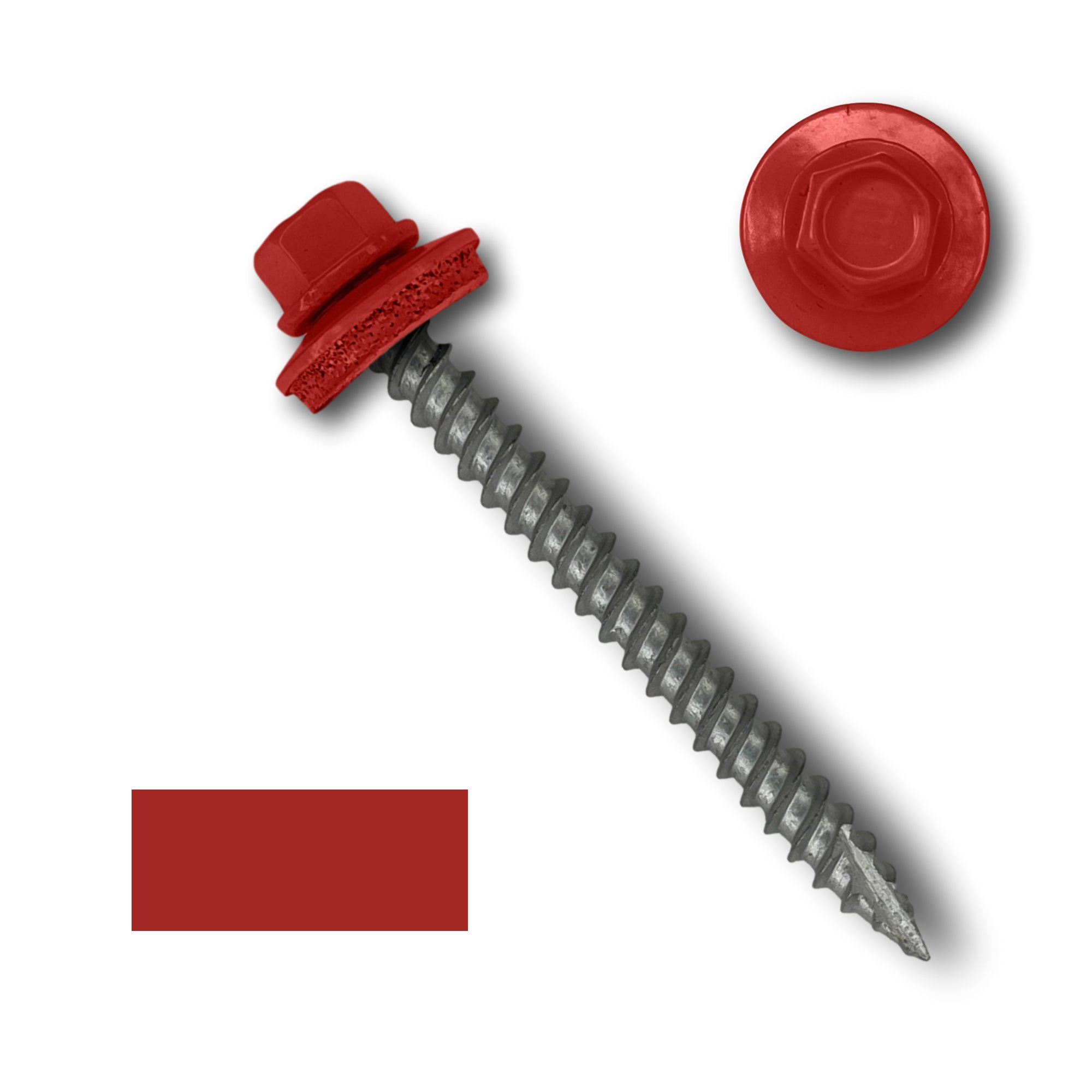 A number 10 Diameter Metal Roofing Screw that is 2 inch long with a 1/4 inch Hex Head and an EPDM Rubber Washer. The screw features a Type 17 sharp tip for drilling into wood decking. There is a color swatch of the screw head in the bottom left corner and a close-up of the screw head in the top right corner. The screw head is Bright Red in color.