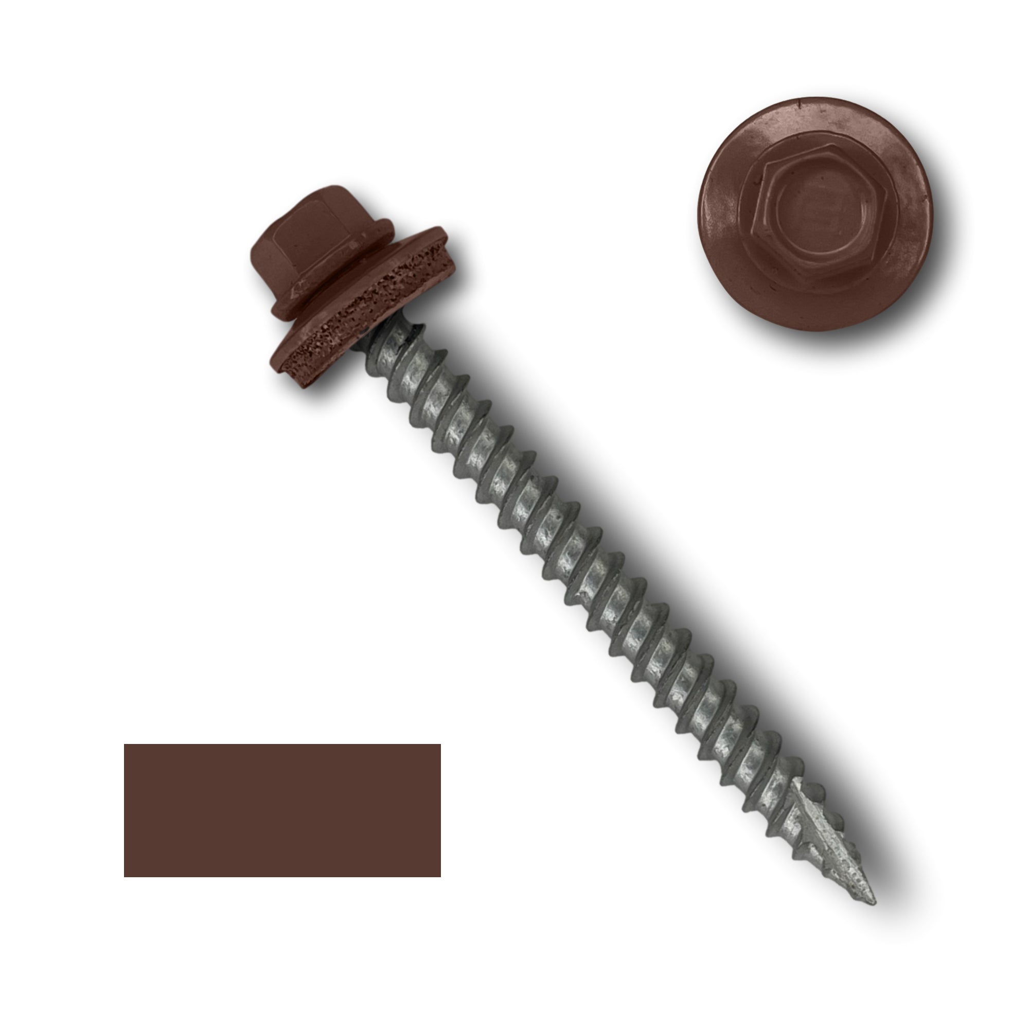 A number 10 Diameter Metal Roofing Screw that is 2 inch long with a 1/4 inch Hex Head and an EPDM Rubber Washer. The screw features a Type 17 sharp tip for drilling into wood decking. There is a color swatch of the screw head in the bottom left corner and a close-up of the screw head in the top right corner. The screw head is Brown in color.