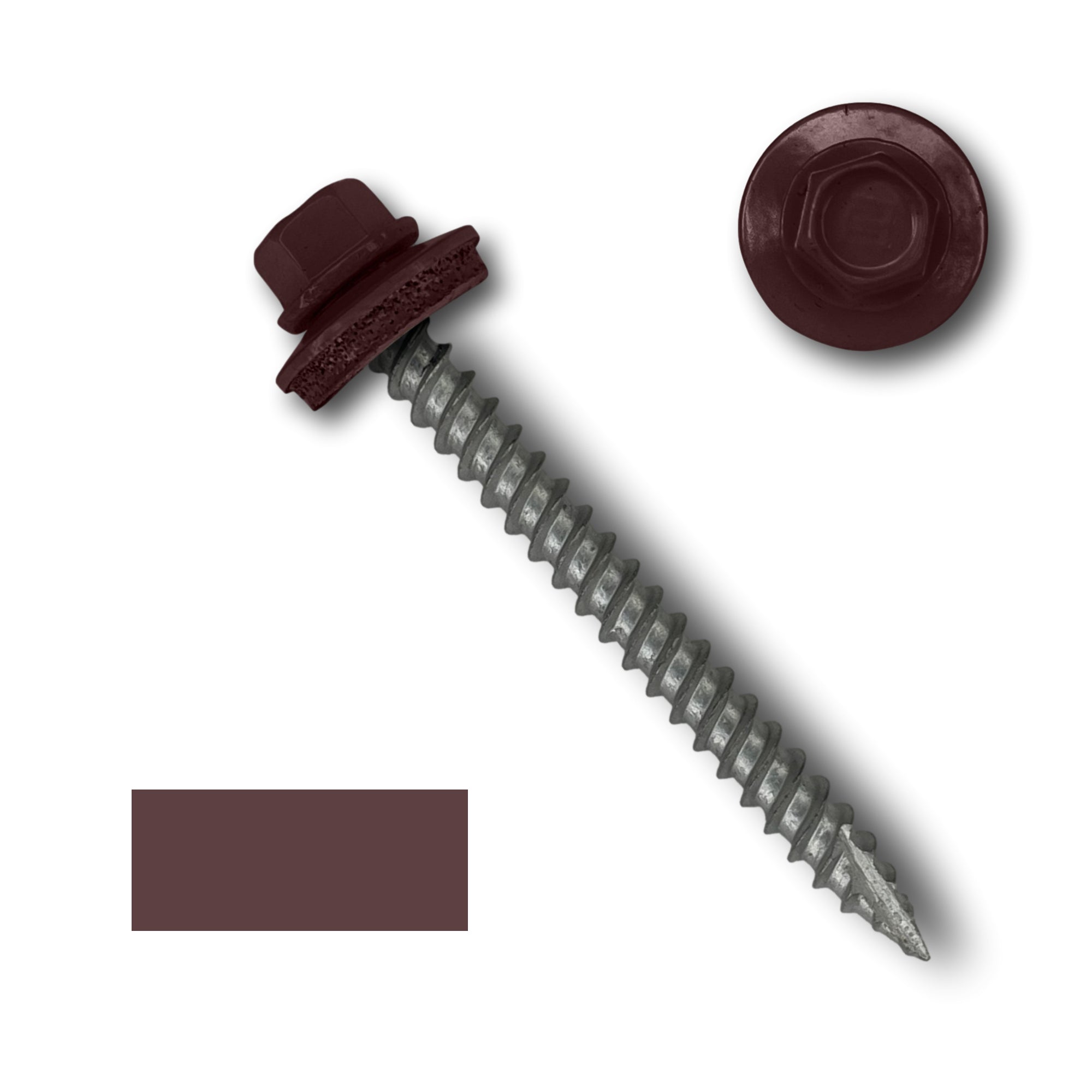 A number 10 Diameter Metal Roofing Screw that is 2 inch long with a 1/4 inch Hex Head and an EPDM Rubber Washer. The screw features a Type 17 sharp tip for drilling into wood decking. There is a color swatch of the screw head in the bottom left corner and a close-up of the screw head in the top right corner. The screw head is Burgundy in color.