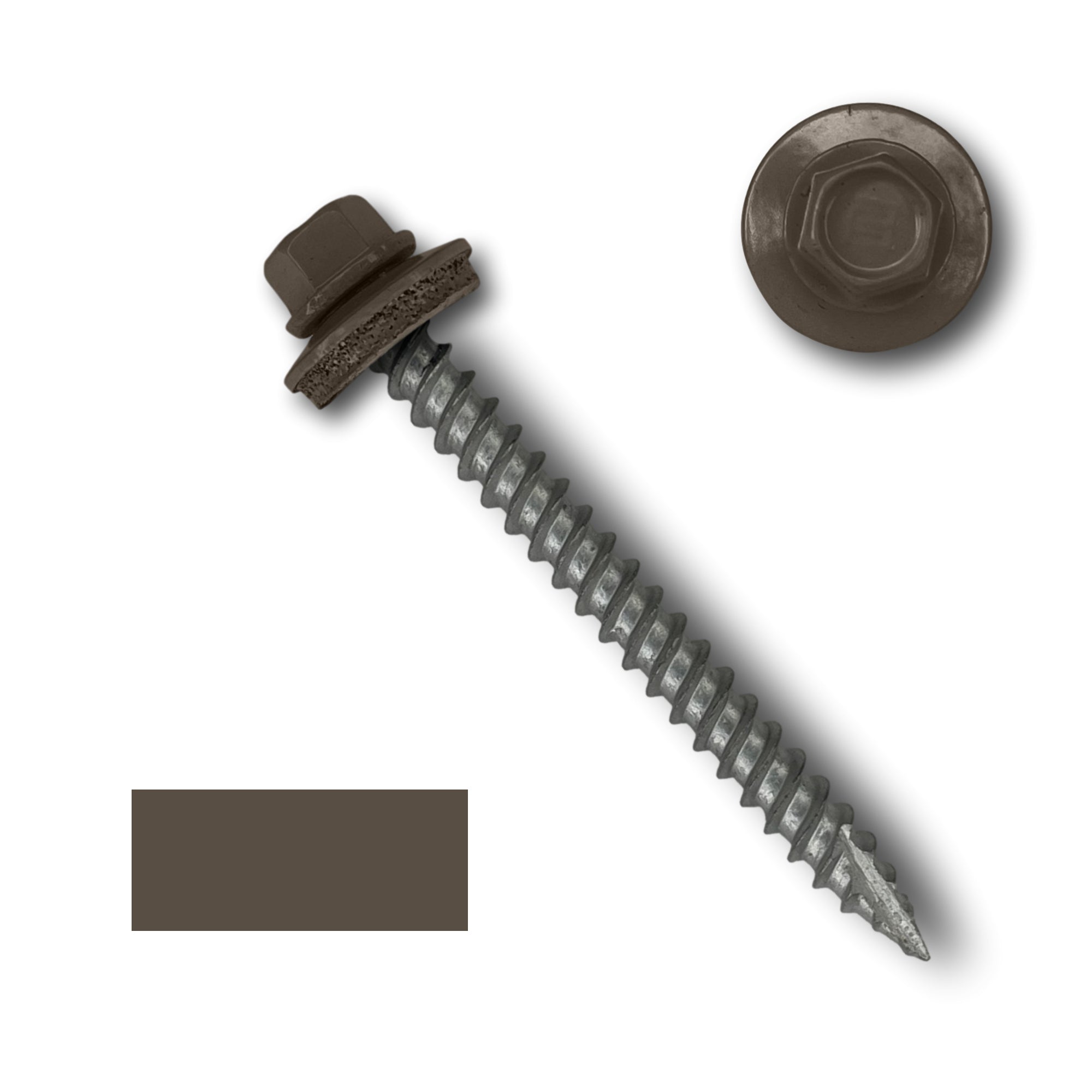 A number 10 Diameter Metal Roofing Screw that is 2 inch long with a 1/4 inch Hex Head and an EPDM Rubber Washer. The screw features a Type 17 sharp tip for drilling into wood decking. There is a color swatch of the screw head in the bottom left corner and a close-up of the screw head in the top right corner. The screw head is Burnished Slate in color.