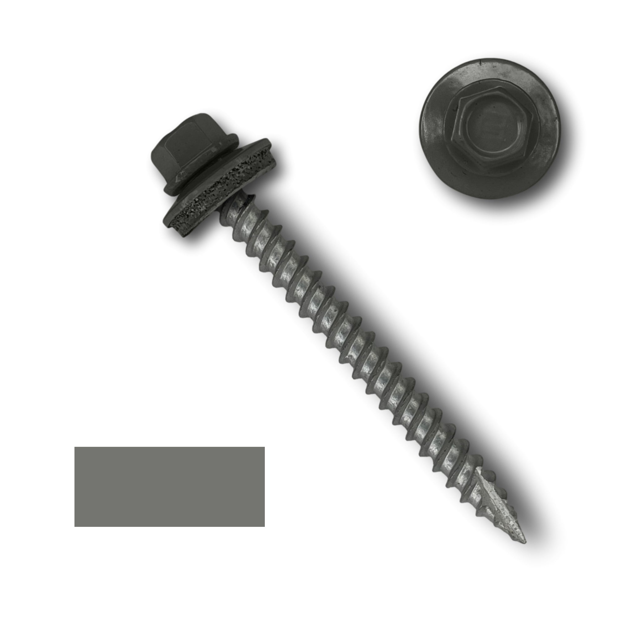 A number 10 Diameter Metal Roofing Screw that is 2 inch long with a 1/4 inch Hex Head and an EPDM Rubber Washer. The screw features a Type 17 sharp tip for drilling into wood decking. There is a color swatch of the screw head in the bottom left corner and a close-up of the screw head in the top right corner. The screw head is Charcoal Gray in color.
