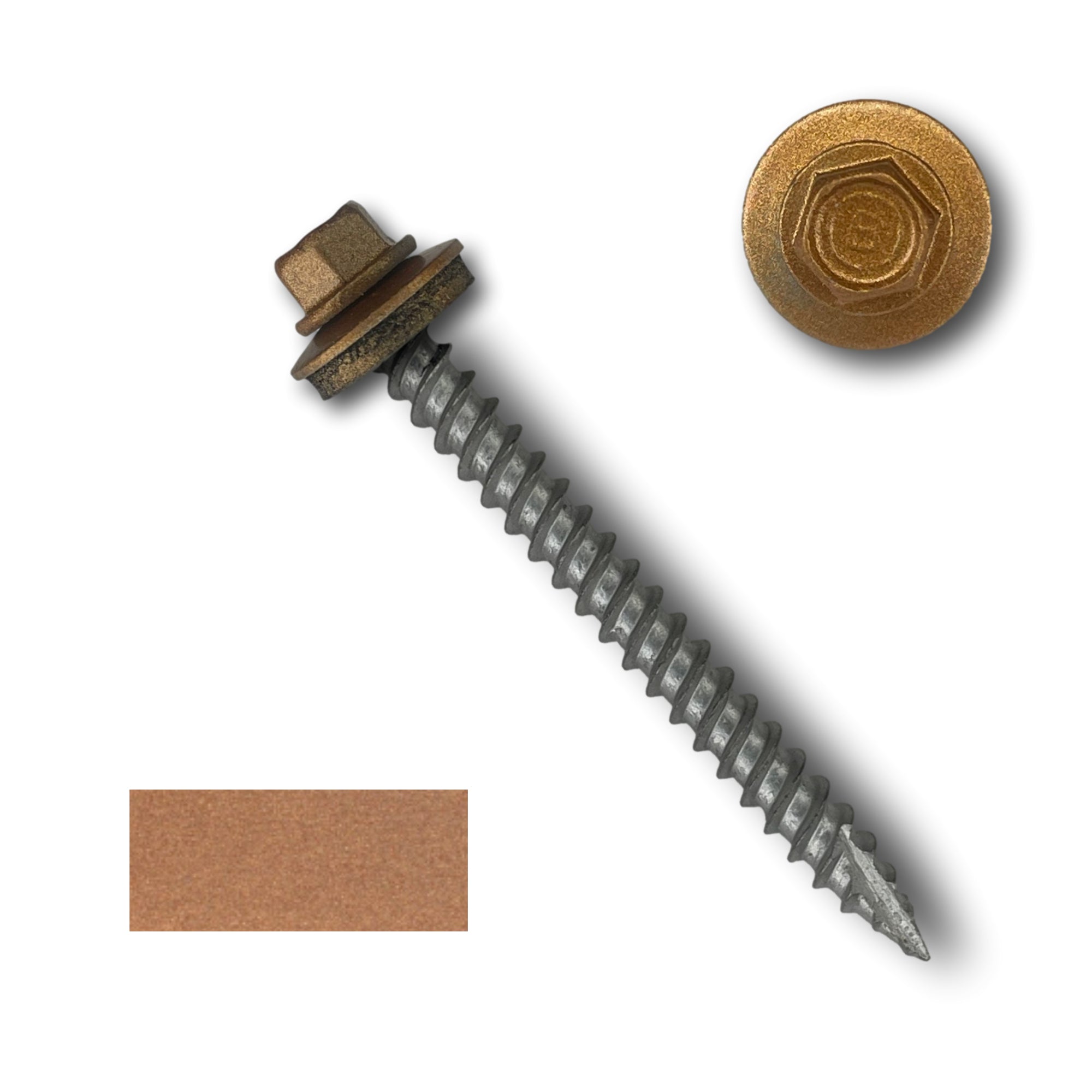 A number 10 Diameter Metal Roofing Screw that is 2 inch long with a 1/4 inch Hex Head and an EPDM Rubber Washer. The screw features a Type 17 sharp tip for drilling into wood decking. There is a color swatch of the screw head in the bottom left corner and a close-up of the screw head in the top right corner. The screw head is Copper Metallic in color.