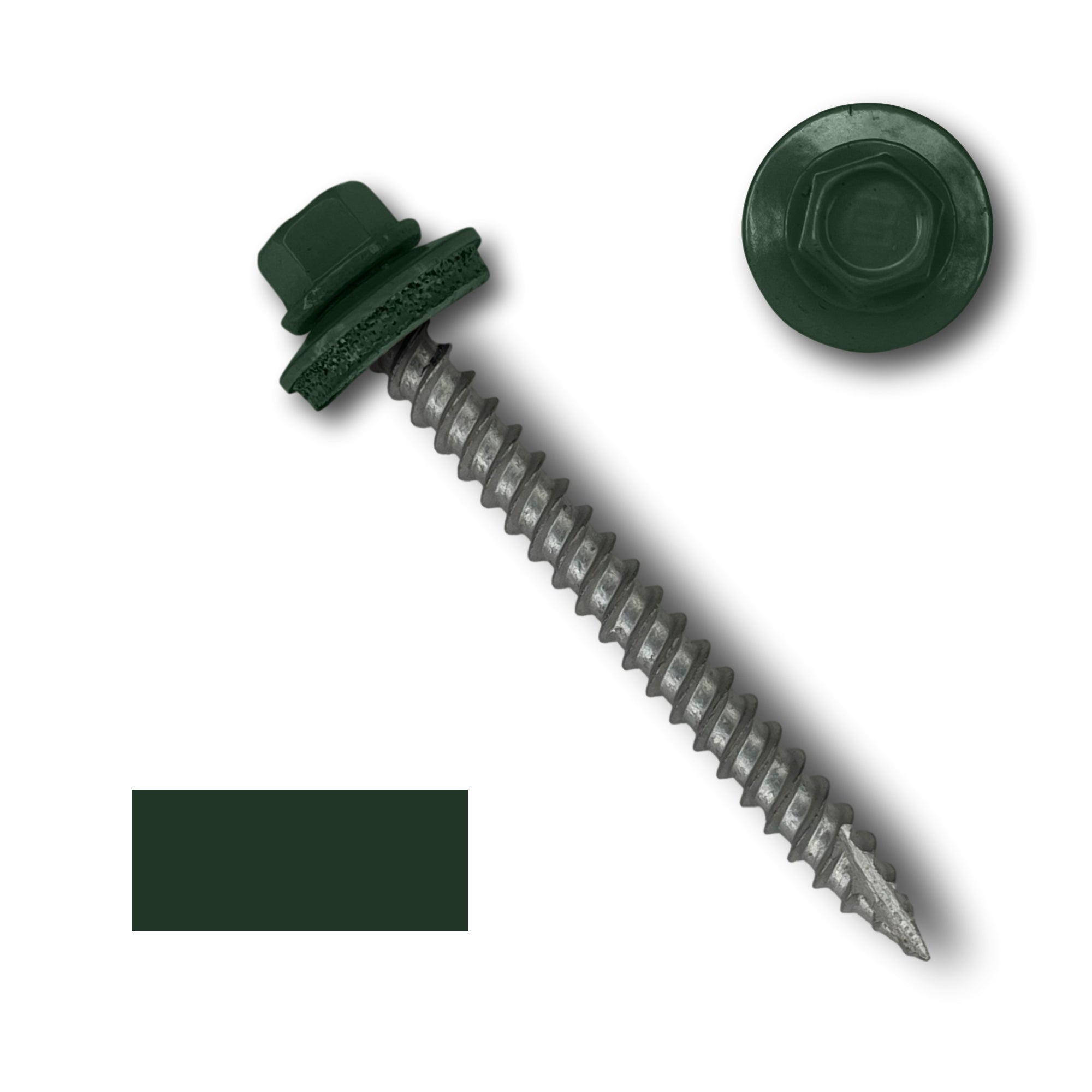 A number 10 Diameter Metal Roofing Screw that is 2 inch long with a 1/4 inch Hex Head and an EPDM Rubber Washer. The screw features a Type 17 sharp tip for drilling into wood decking. There is a color swatch of the screw head in the bottom left corner and a close-up of the screw head in the top right corner. The screw head is Forest Green in color.