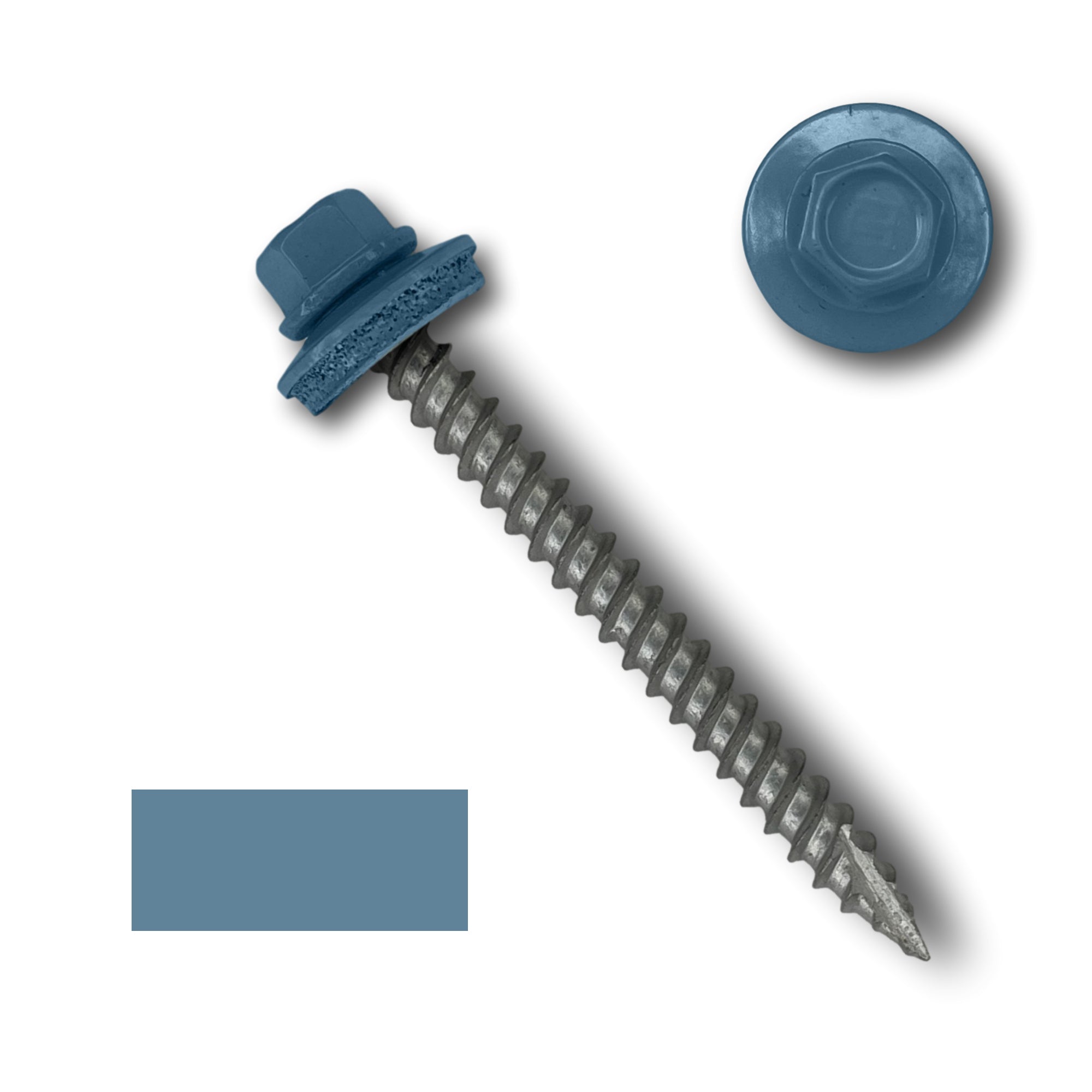 A number 10 Diameter Metal Roofing Screw that is 2 inch long with a 1/4 inch Hex Head and an EPDM Rubber Washer. The screw features a Type 17 sharp tip for drilling into wood decking. There is a color swatch of the screw head in the bottom left corner and a close-up of the screw head in the top right corner. The screw head is Hawaiian Blue in color.