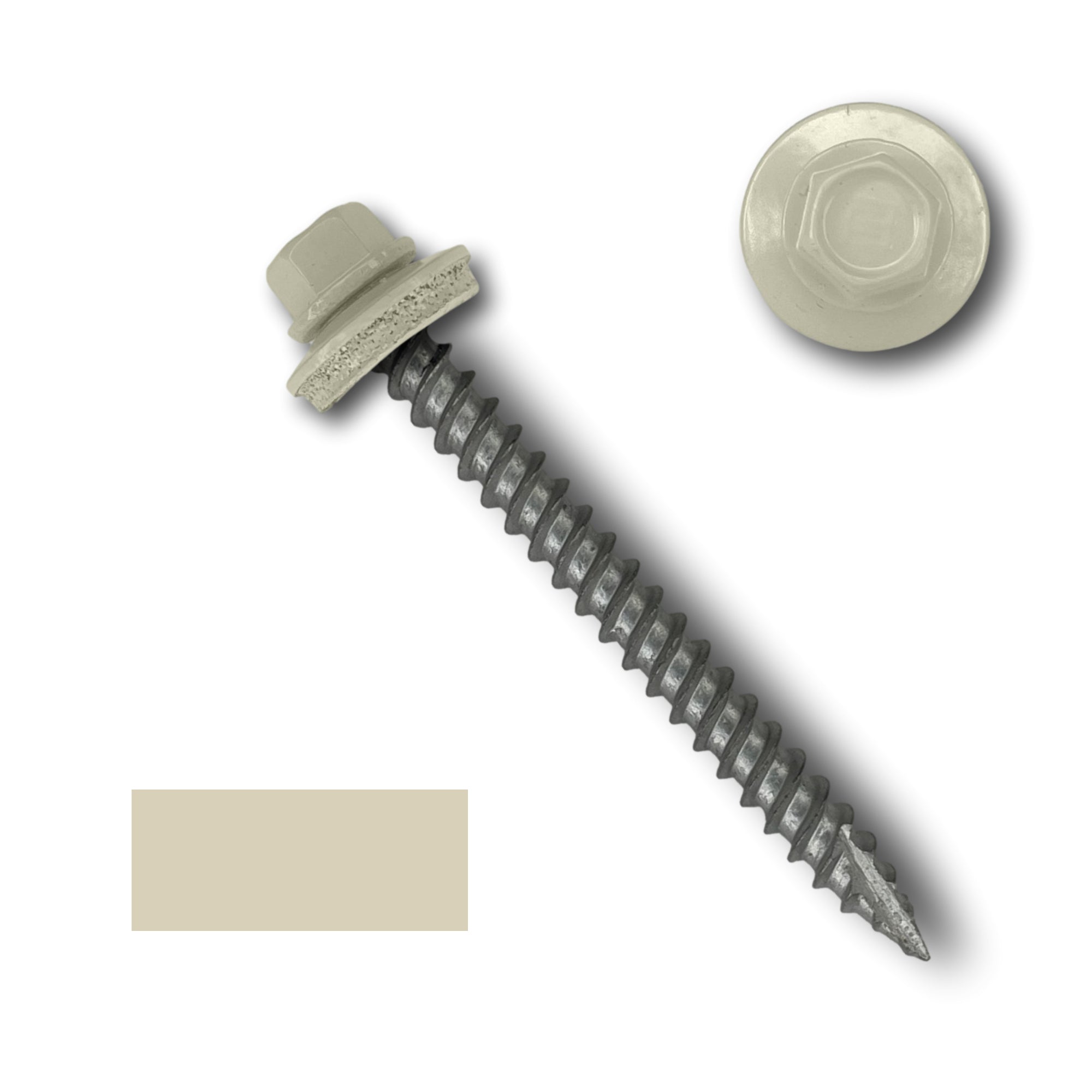 A number 10 Diameter Metal Roofing Screw that is 2 inch long with a 1/4 inch Hex Head and an EPDM Rubber Washer. The screw features a Type 17 sharp tip for drilling into wood decking. There is a color swatch of the screw head in the bottom left corner and a close-up of the screw head in the top right corner. The screw head is Lightstone in color.