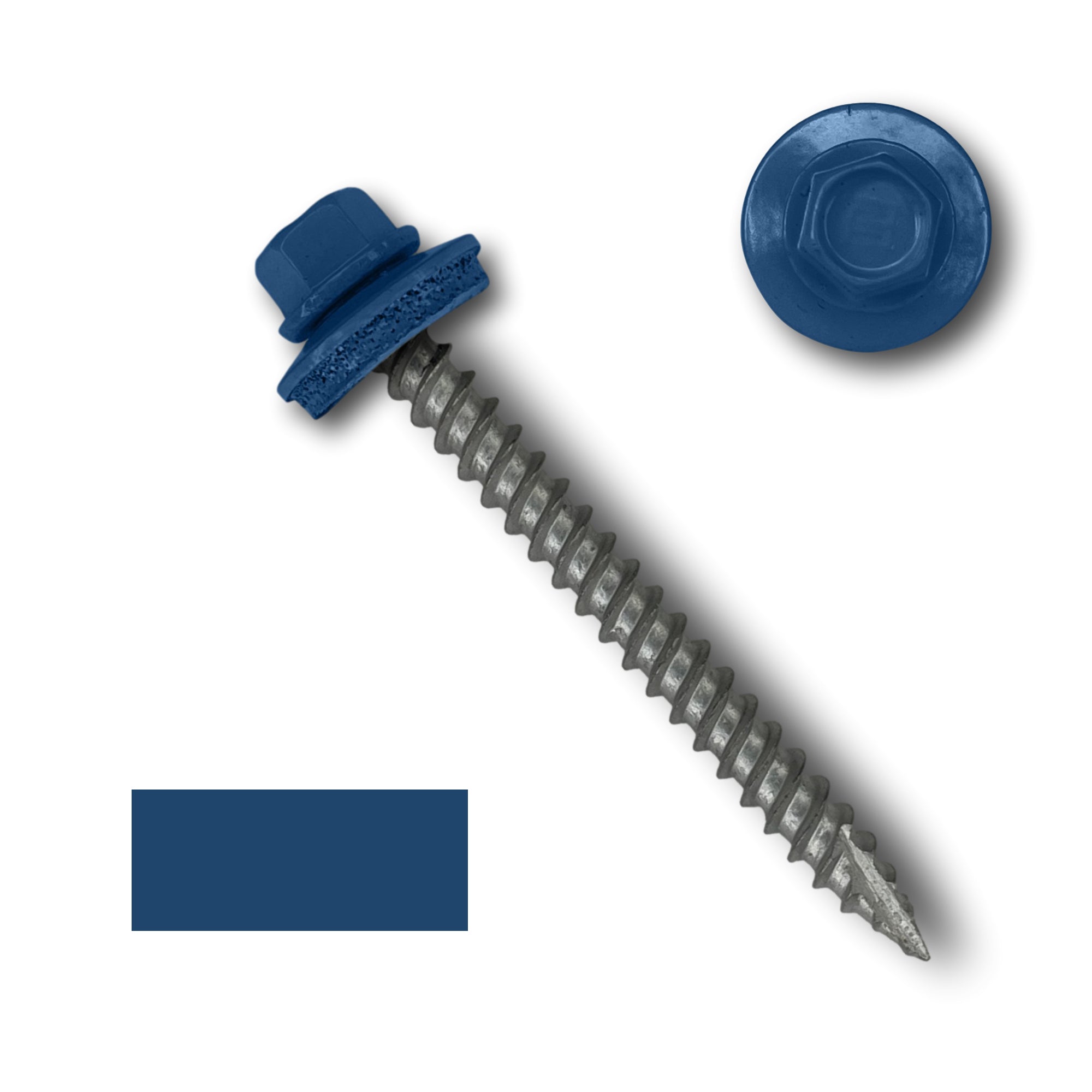 A number 10 Diameter Metal Roofing Screw that is 2 inch long with a 1/4 inch Hex Head and an EPDM Rubber Washer. The screw features a Type 17 sharp tip for drilling into wood decking. There is a color swatch of the screw head in the bottom left corner and a close-up of the screw head in the top right corner. The screw head is Regal Blue in color.