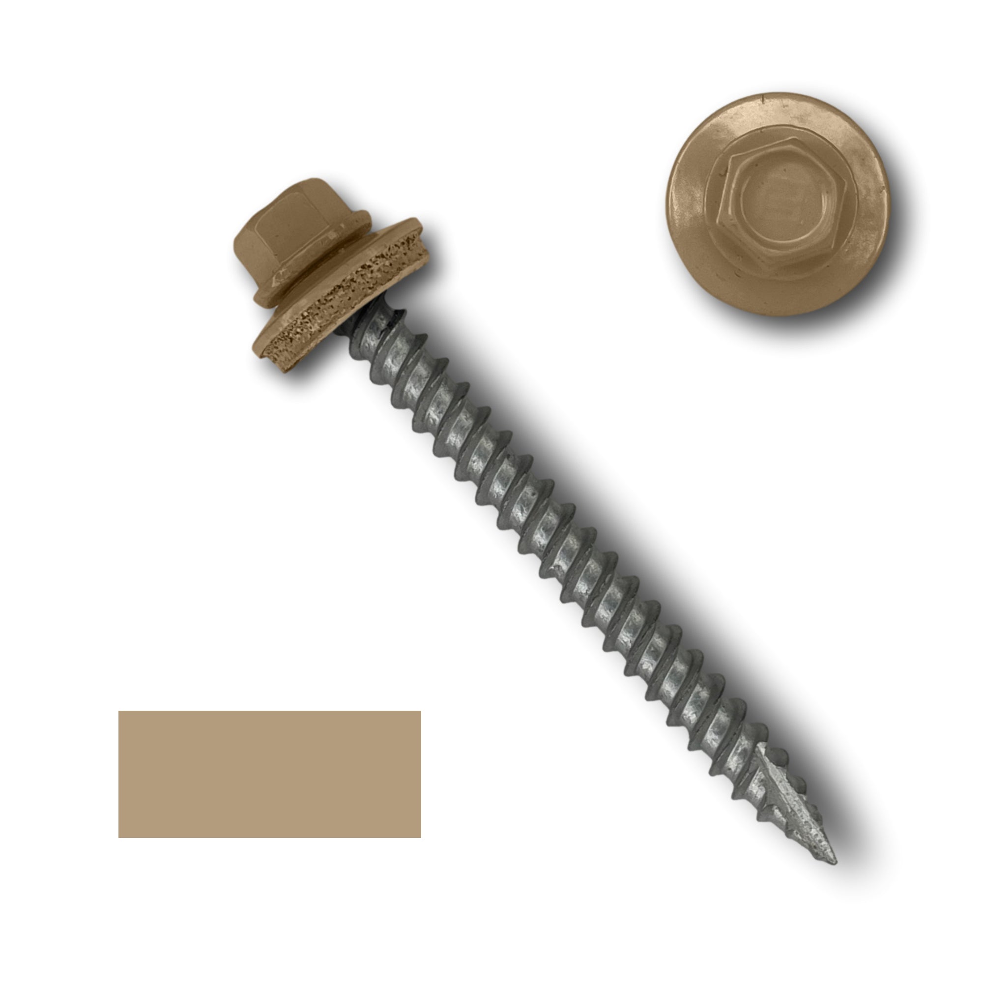 A number 10 Diameter Metal Roofing Screw that is 2 inch long with a 1/4 inch Hex Head and an EPDM Rubber Washer. The screw features a Type 17 sharp tip for drilling into wood decking. There is a color swatch of the screw head in the bottom left corner and a close-up of the screw head in the top right corner. The screw head is Sahara Tan in color.