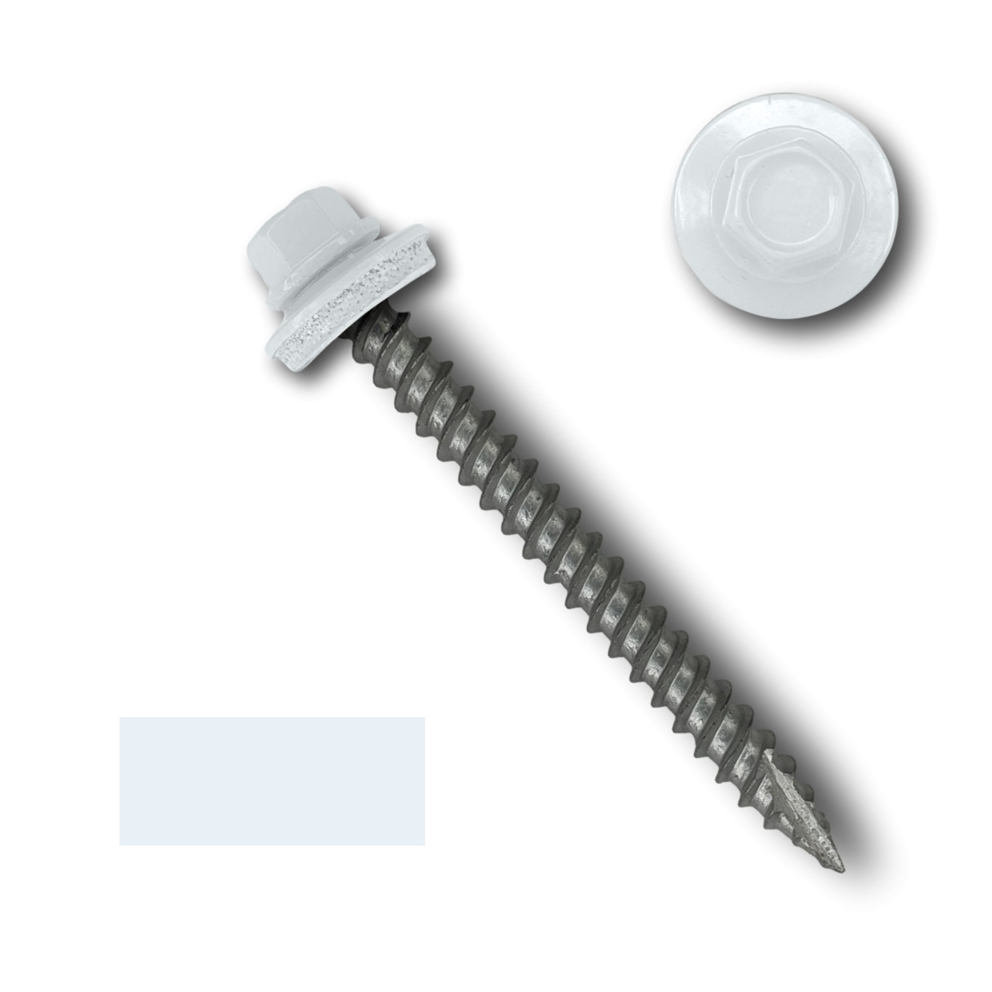 A number 10 Diameter Metal Roofing Screw that is 2 inch long with a 1/4 inch Hex Head and an EPDM Rubber Washer. The screw features a Type 17 sharp tip for drilling into wood decking. There is a color swatch of the screw head in the bottom left corner and a close-up of the screw head in the top right corner. The screw head is White in color.