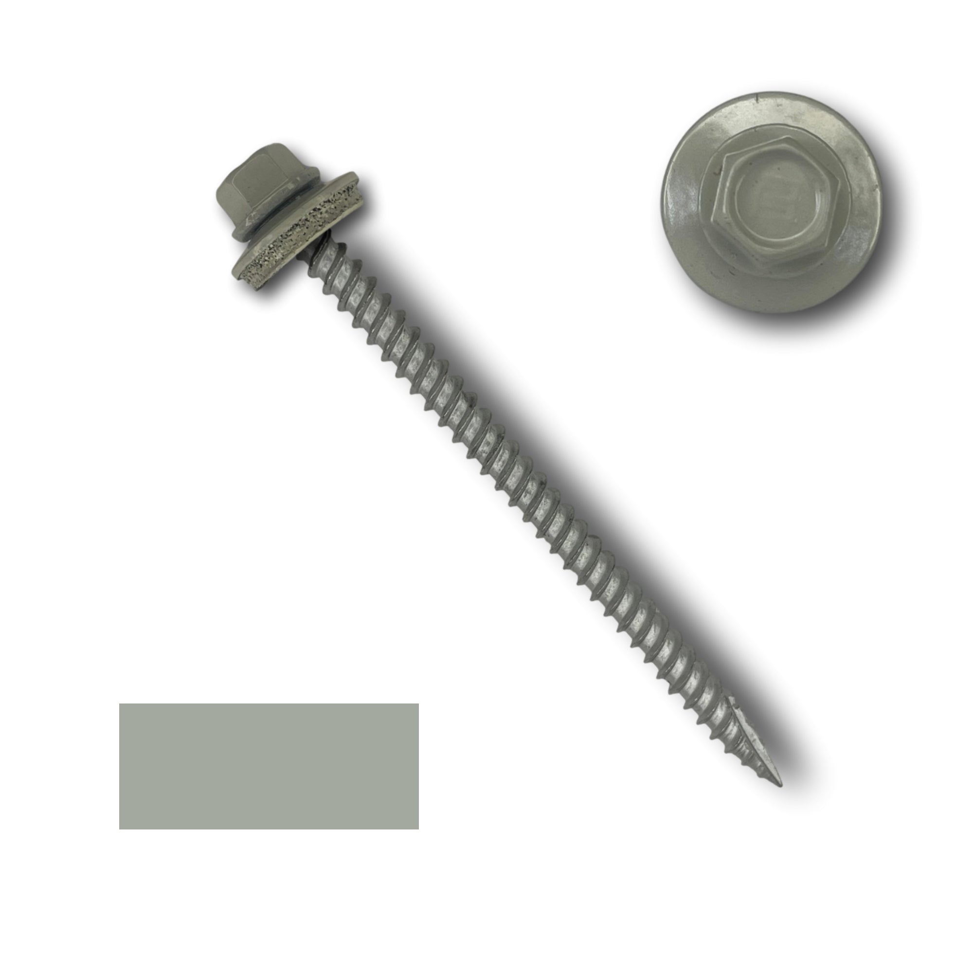 A number 10 Diameter Metal Roofing Screw that is 3 inch long with a 1/4 inch Hex Head and an EPDM Rubber Washer. The screw features a Type 17 sharp tip for drilling into wood decking. There is a color swatch of the screw head in the bottom left corner and a close-up of the screw head in the top right corner. The screw head is Ash Gray in color.