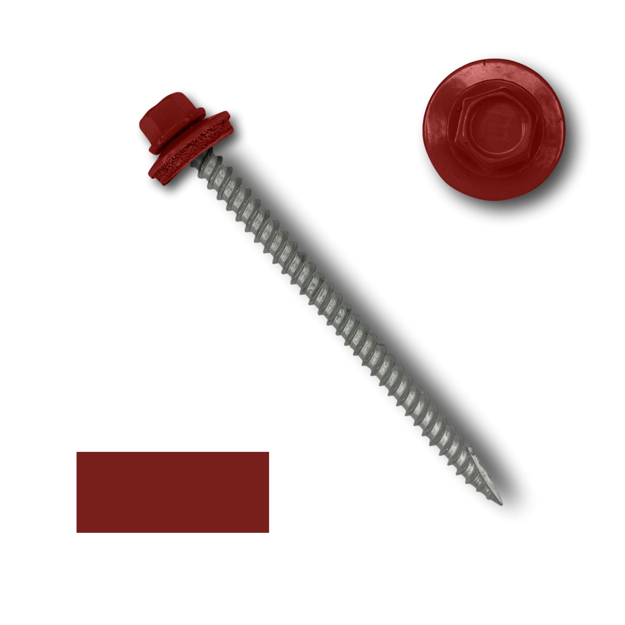 A number 10 Diameter Metal Roofing Screw that is 3 inch long with a 1/4 inch Hex Head and an EPDM Rubber Washer. The screw features a Type 17 sharp tip for drilling into wood decking. There is a color swatch of the screw head in the bottom left corner and a close-up of the screw head in the top right corner. The screw head is Barn Red in color.